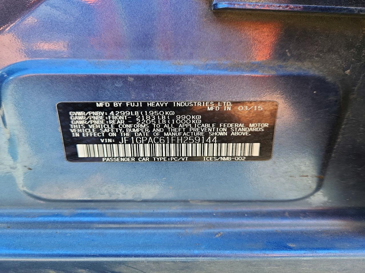 2015 Subaru Impreza Premium Blue vin: JF1GPAC61FH259144