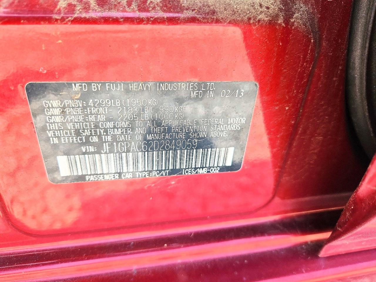 2013 Subaru Impreza Premium Red vin: JF1GPAC62D2849059