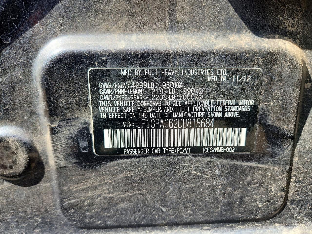 2013 Subaru Impreza Premium Black vin: JF1GPAC62DH815684