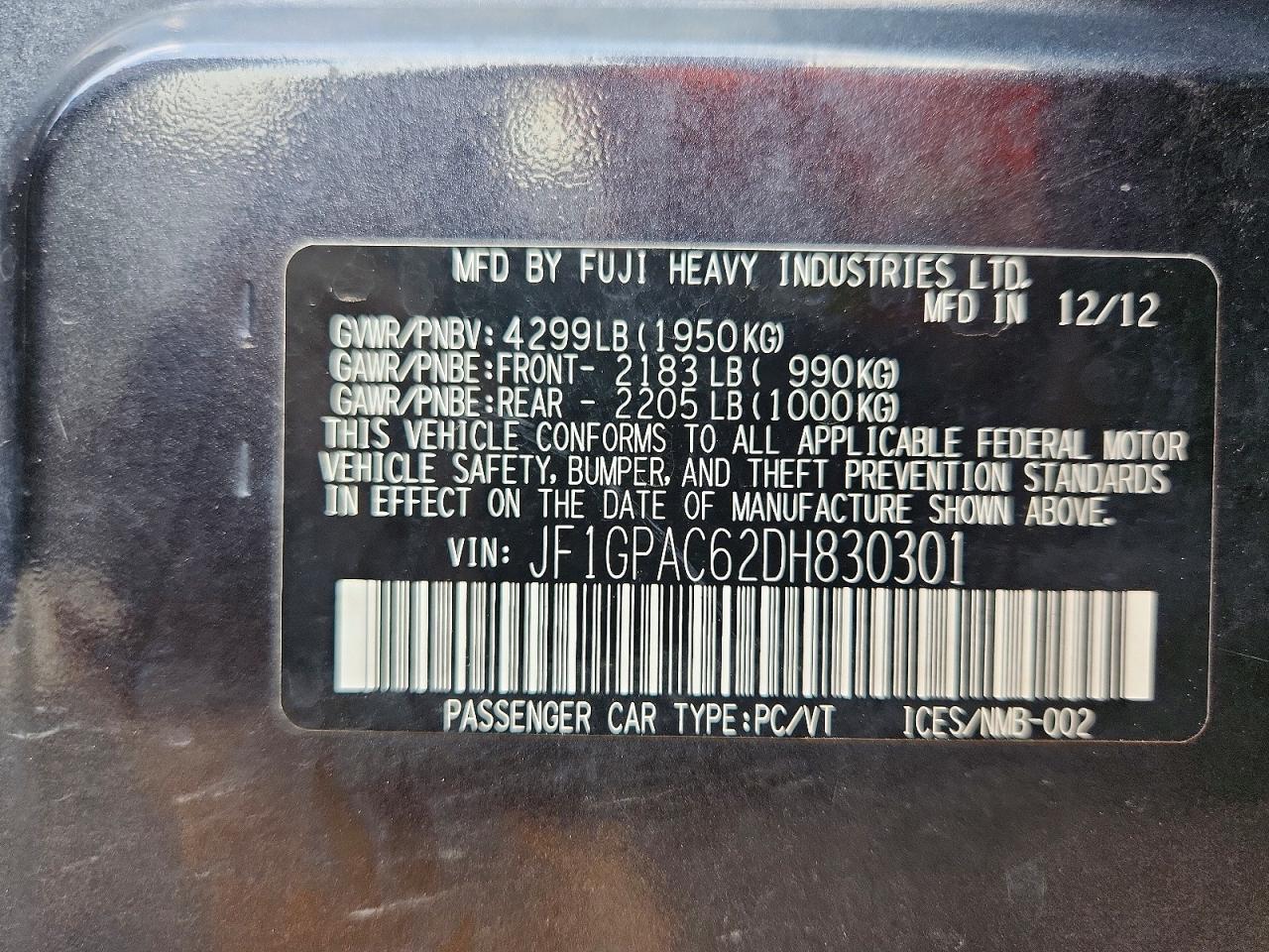 2013 Subaru Impreza Premium Charcoal vin: JF1GPAC62DH830301