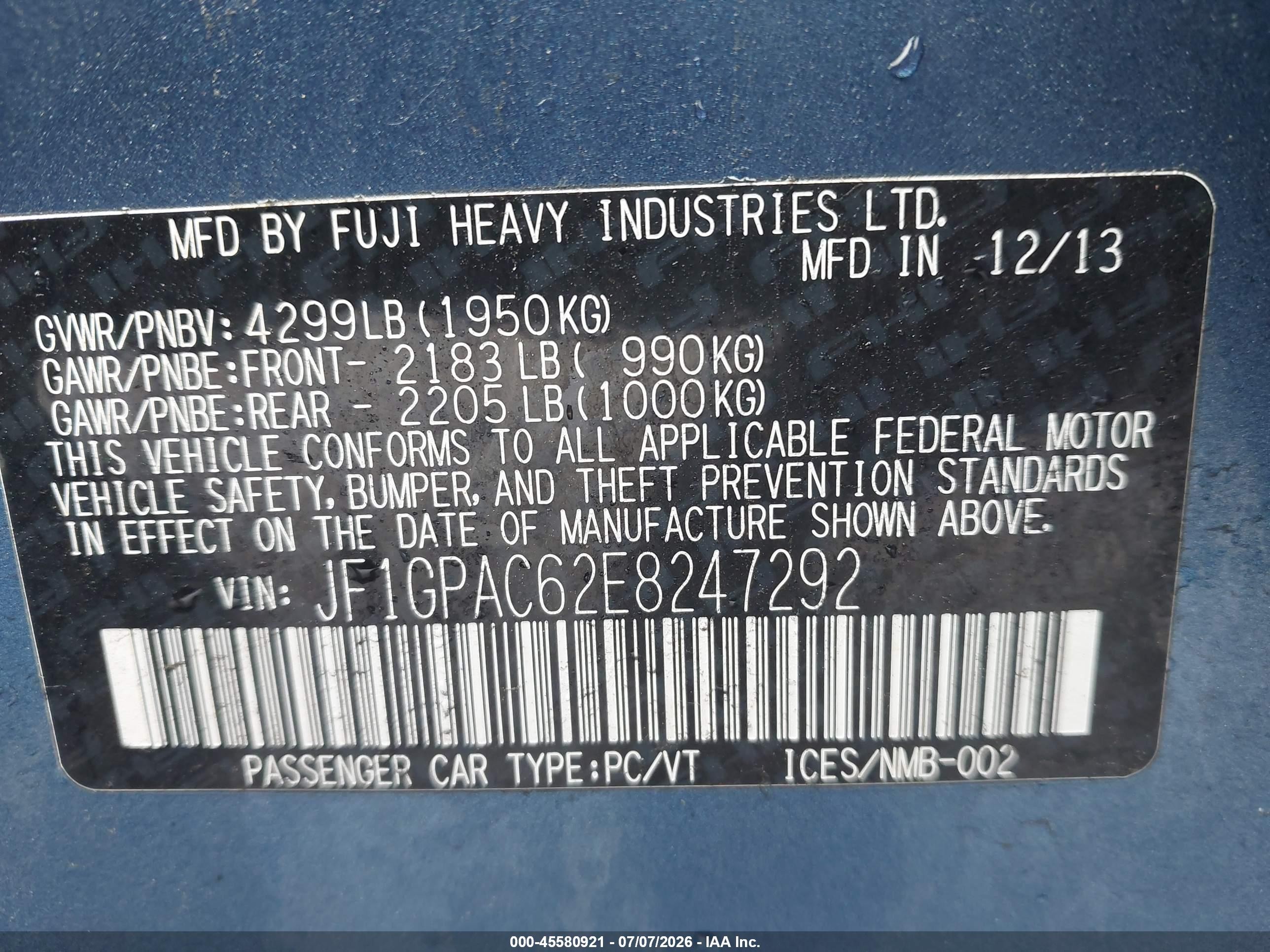 2014 Subaru Impreza 2.0i Premium Синий vin: JF1GPAC62E8247292