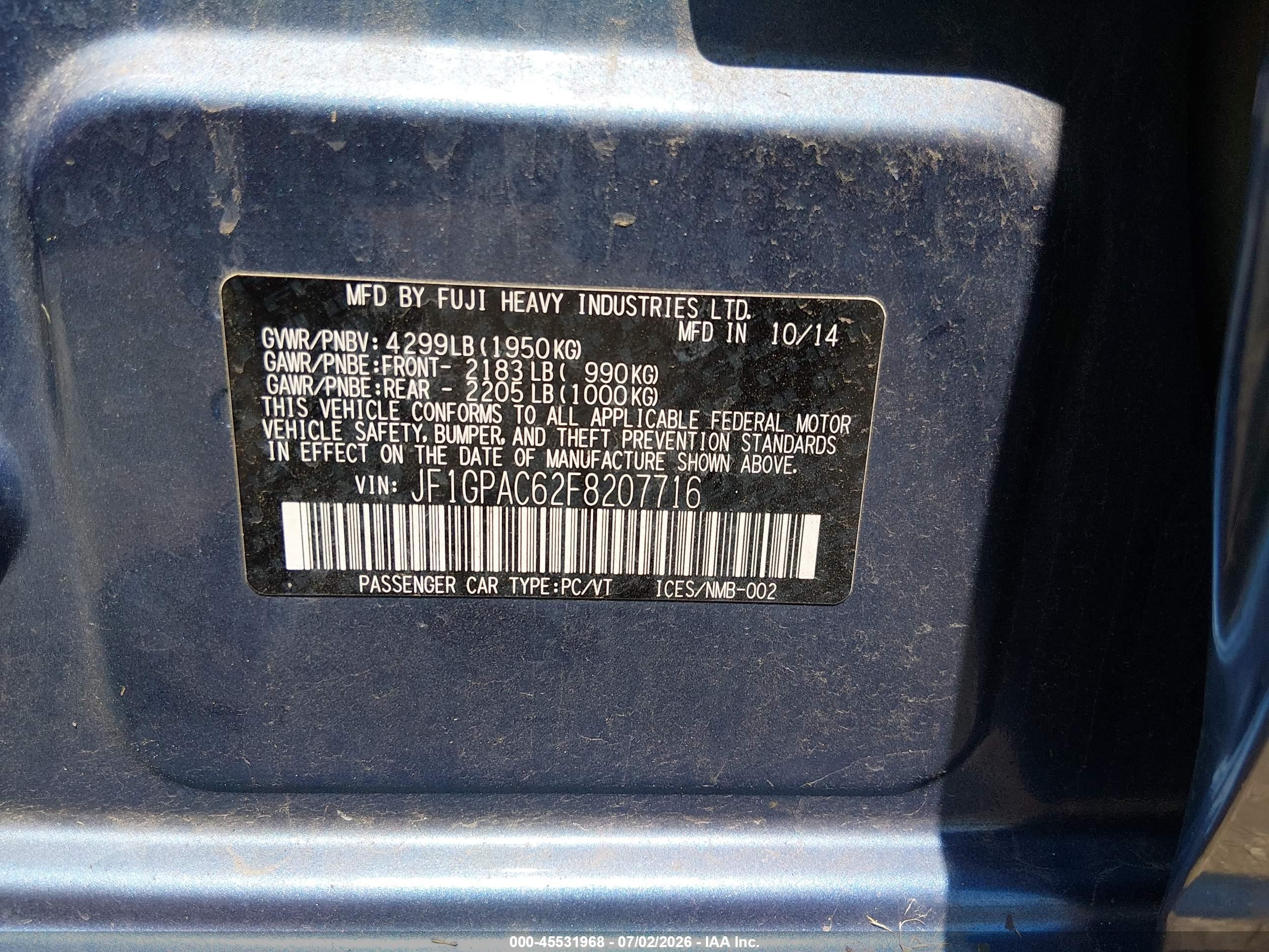 2015 Subaru Impreza 2.0i Premium Blue vin: JF1GPAC62F8207716