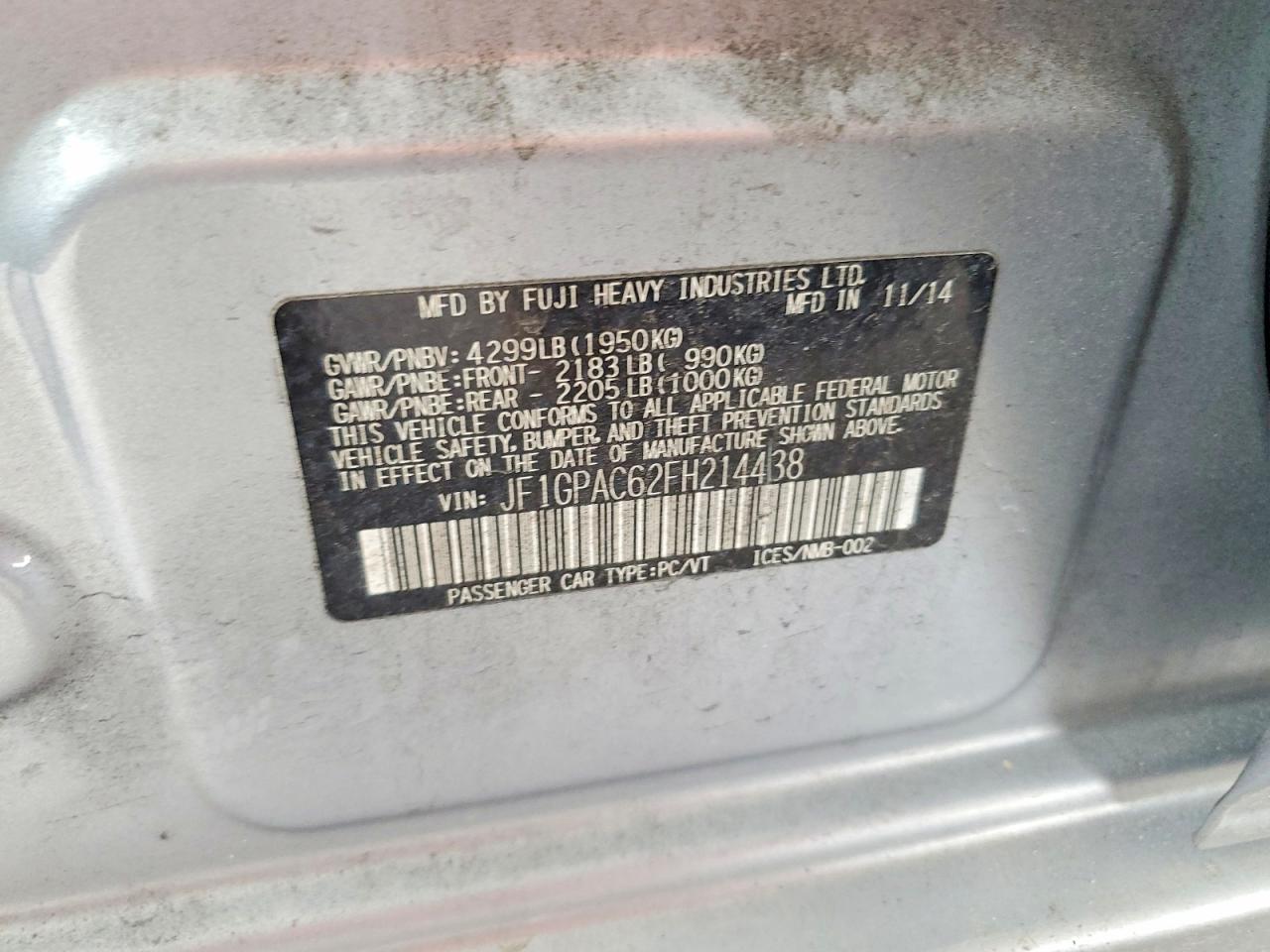 2015 Subaru Impreza Premium Silver vin: JF1GPAC62FH214438