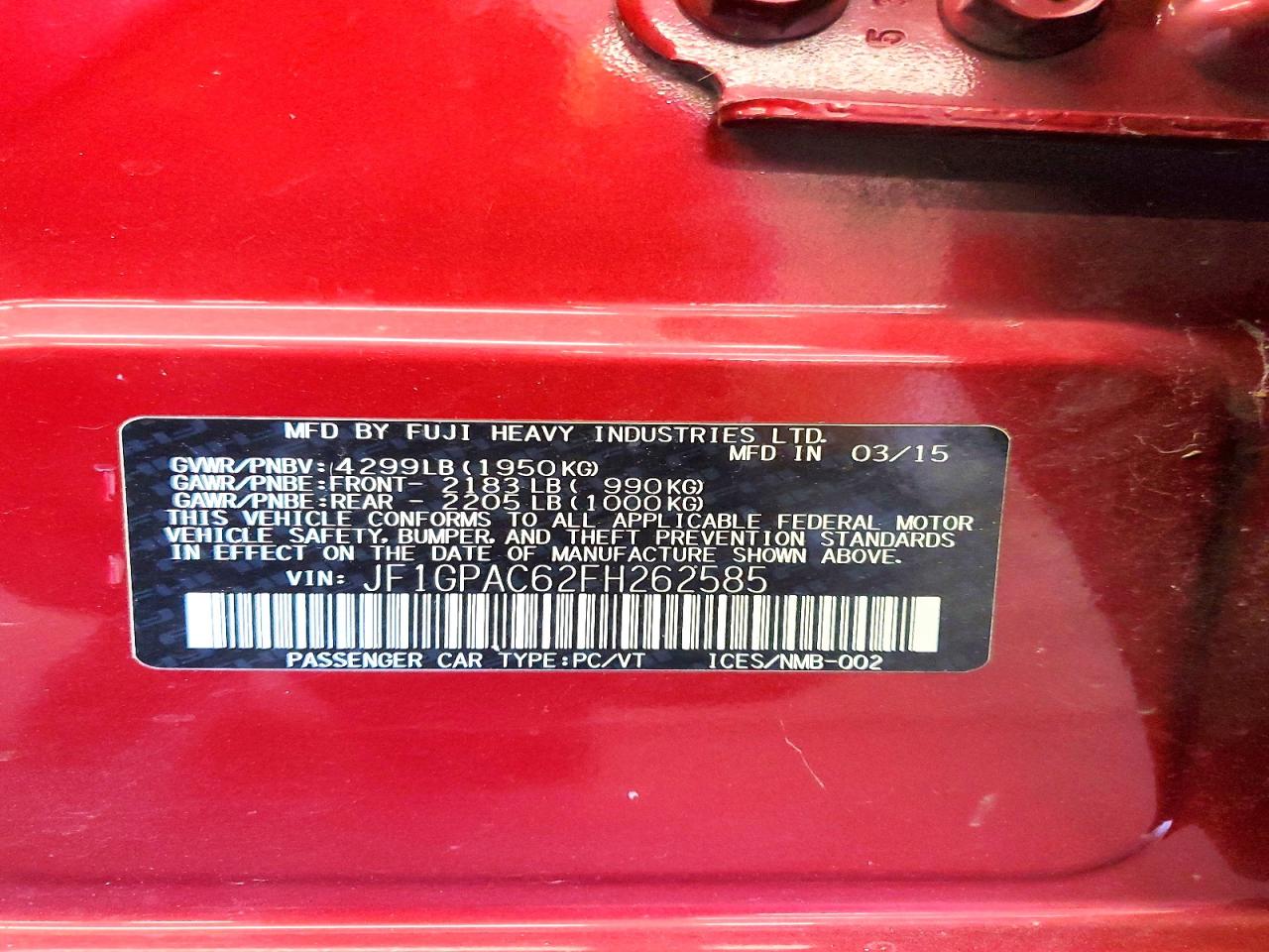 2015 Subaru Impreza Бордовый vin: JF1GPAC62FH262585