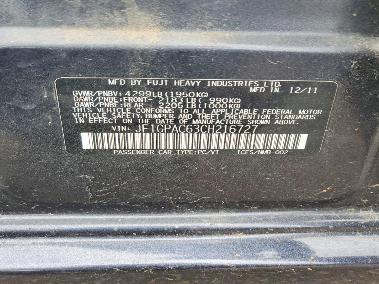 2012 Subaru Impreza Premium Gray vin: JF1GPAC63CH216727