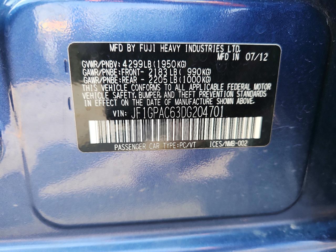 2013 Subaru Impreza Premium Blue vin: JF1GPAC63DG204701