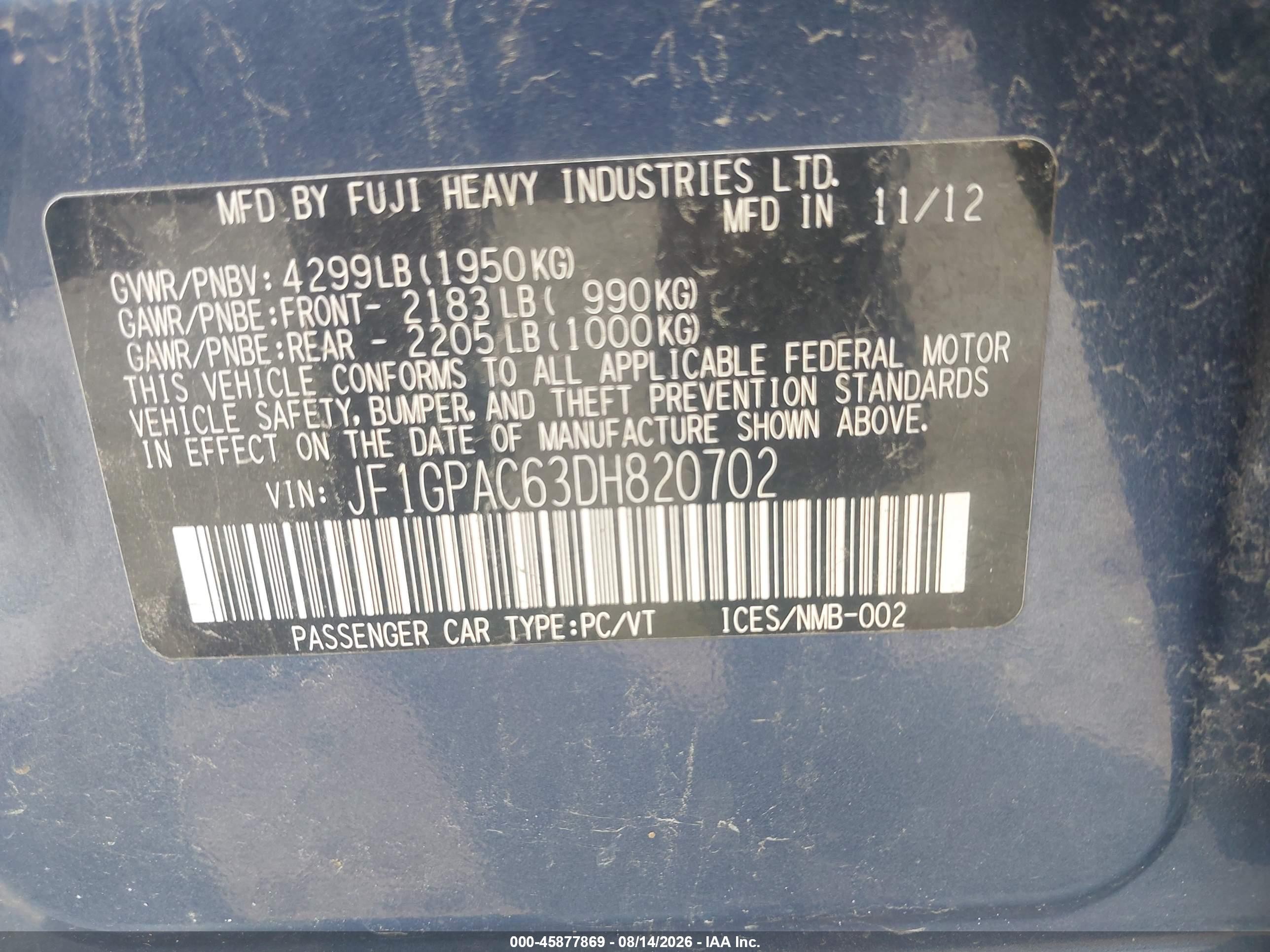 2013 Subaru Impreza 2.0i Premium Light Blue vin: JF1GPAC63DH820702