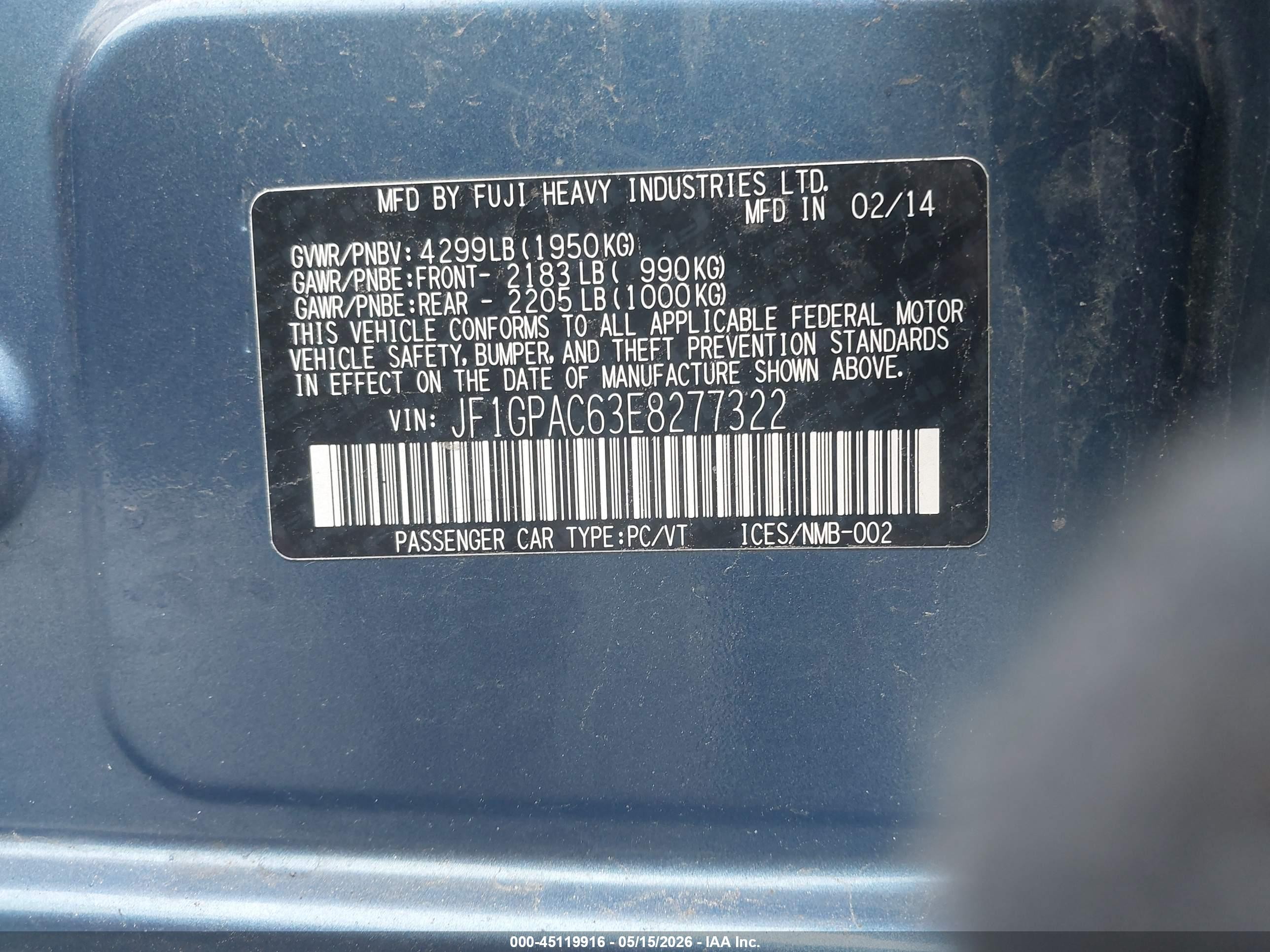 2014 Subaru Impreza 2.0i Premium Blue vin: JF1GPAC63E8277322