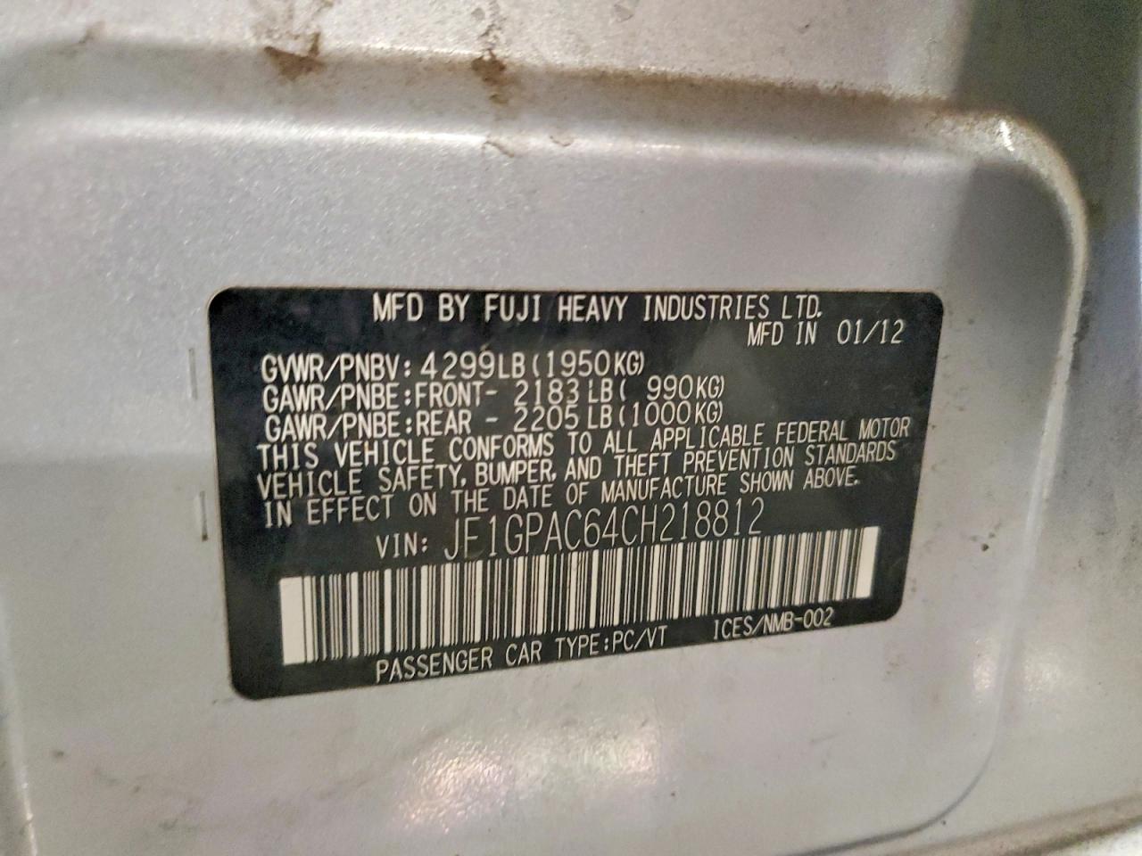 2012 Subaru Impreza Premium Silver vin: JF1GPAC64CH218812