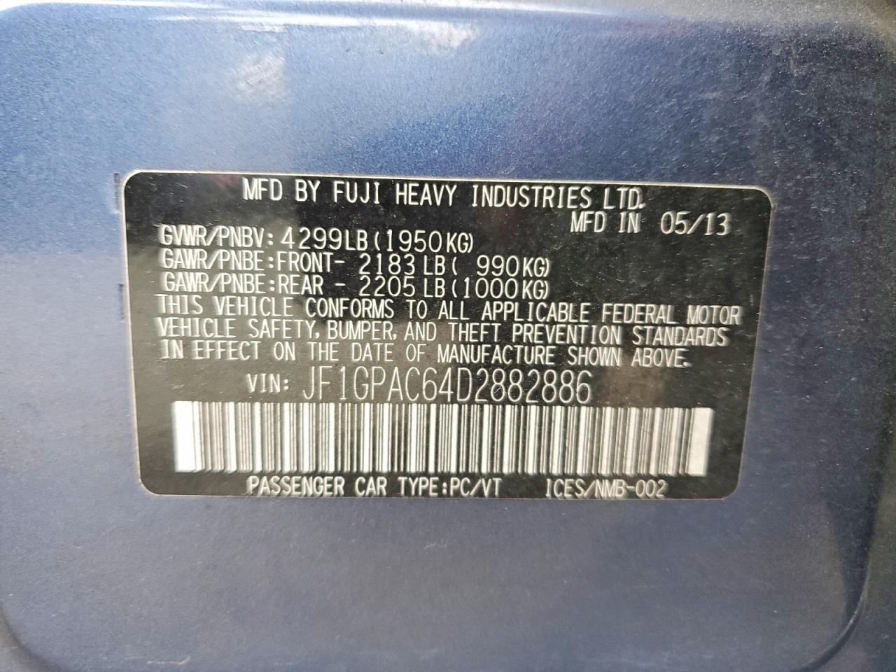 2013 Subaru Impreza Premium Blue vin: JF1GPAC64D2882886
