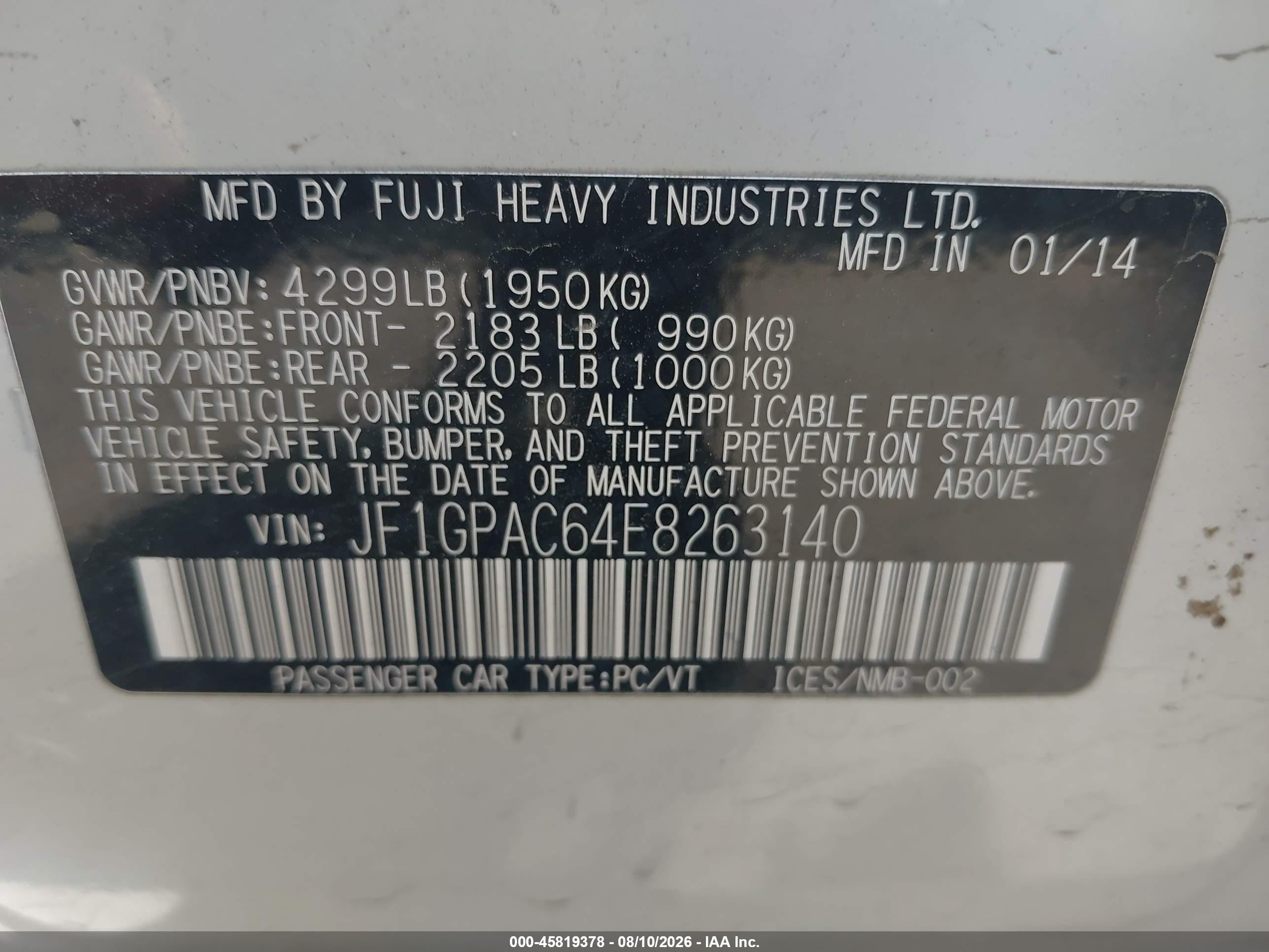2014 Subaru Impreza 2.0i Premium White vin: JF1GPAC64E8263140