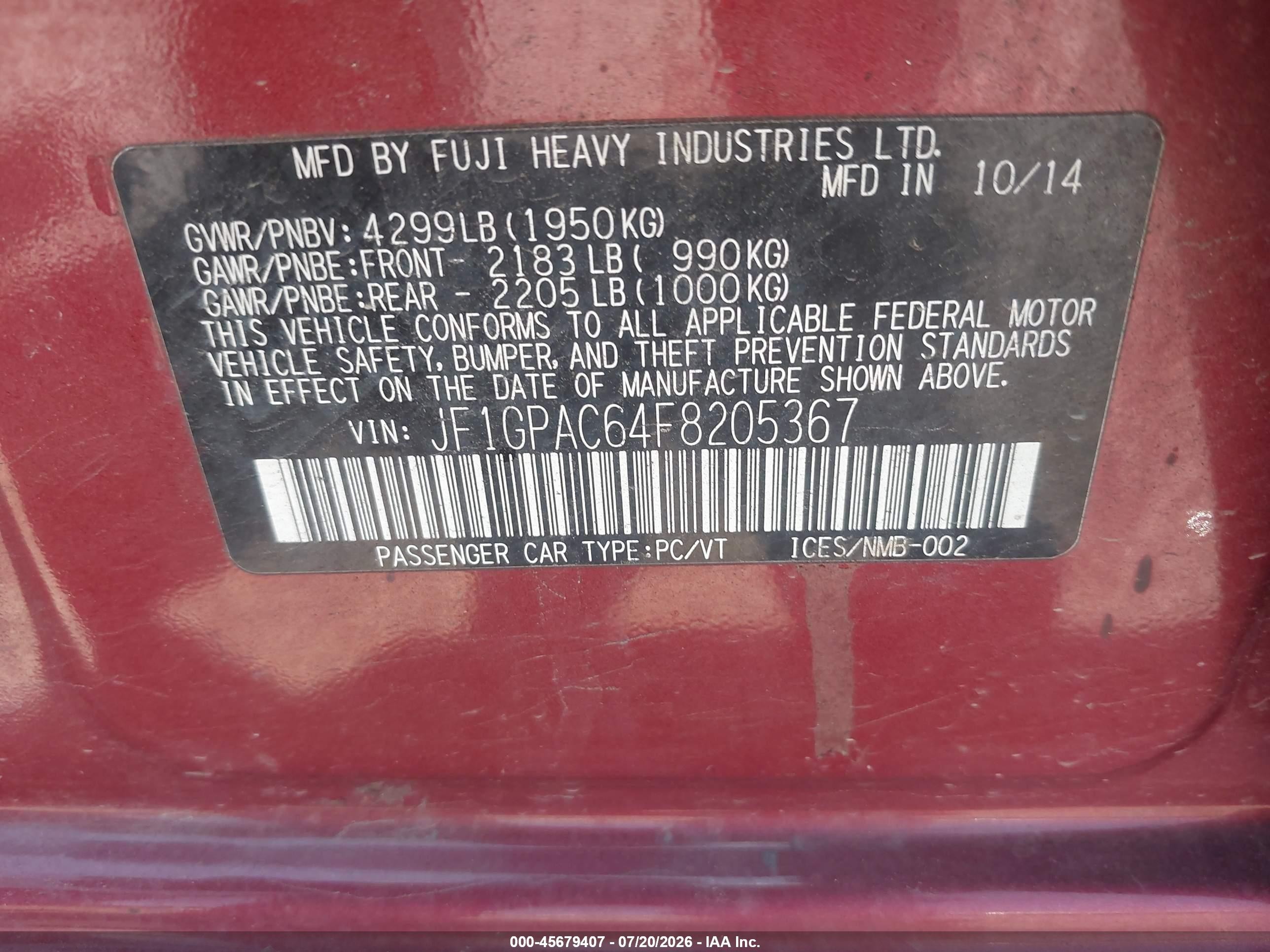 2015 Subaru Impreza 2.0i Premium Burgundy vin: JF1GPAC64F8205367