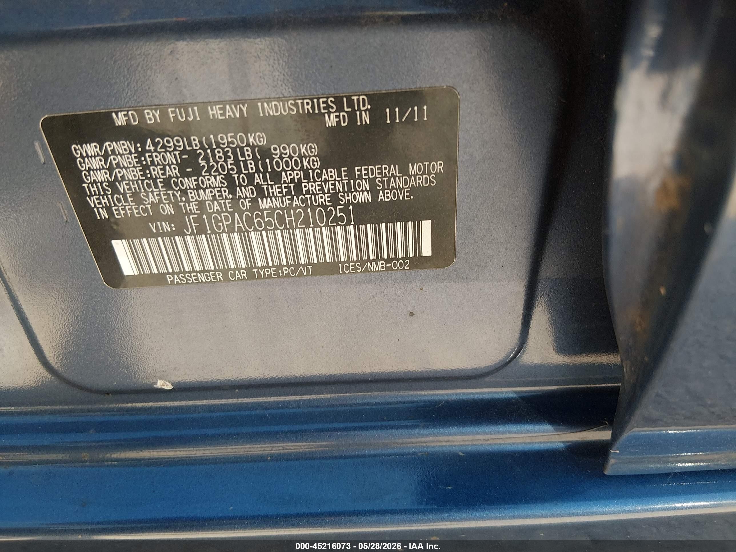 2012 Subaru Impreza 2.0i Premium Blue vin: JF1GPAC65CH210251