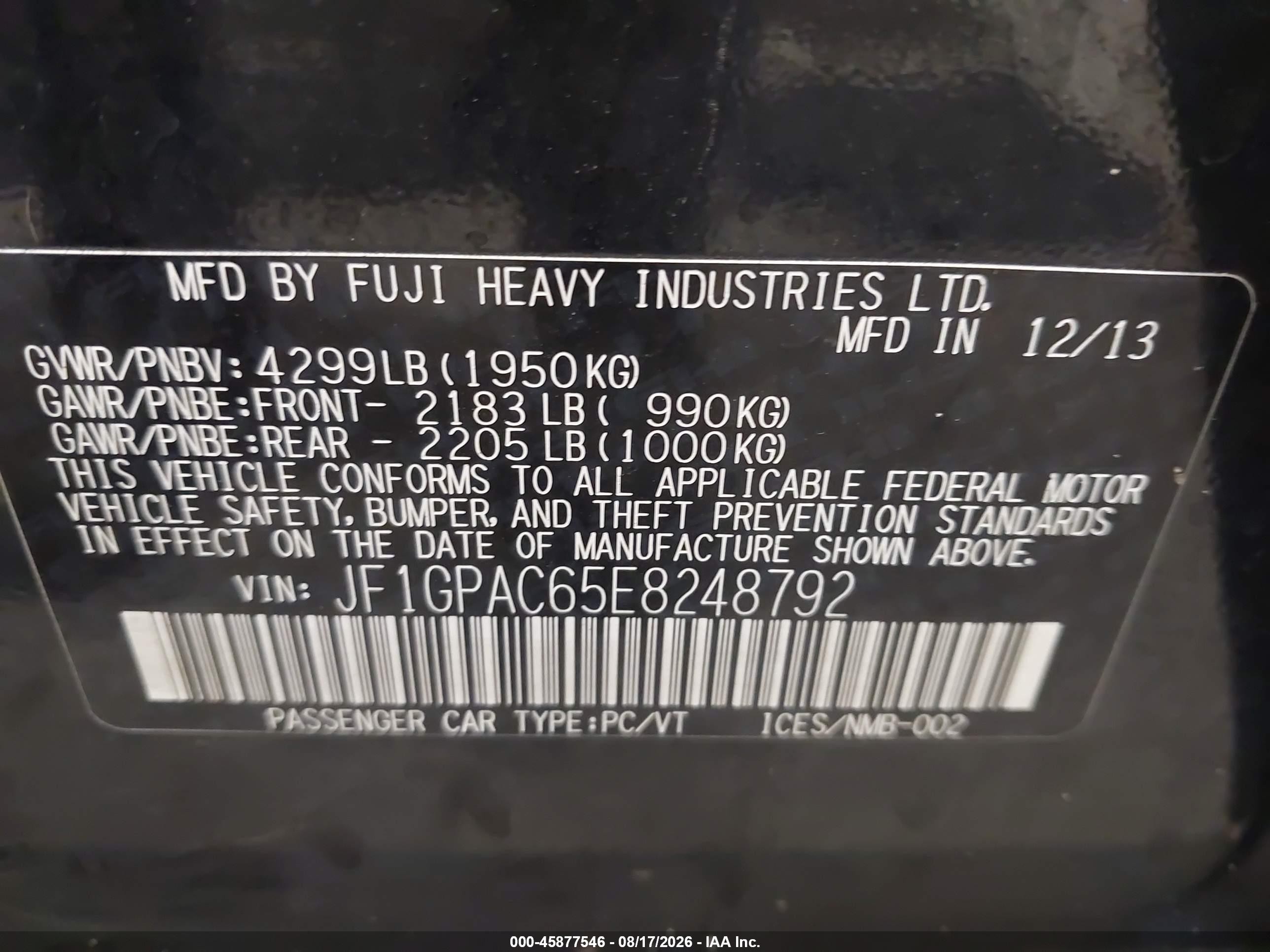 2014 Subaru Impreza 2.0i Premium Black vin: JF1GPAC65E8248792