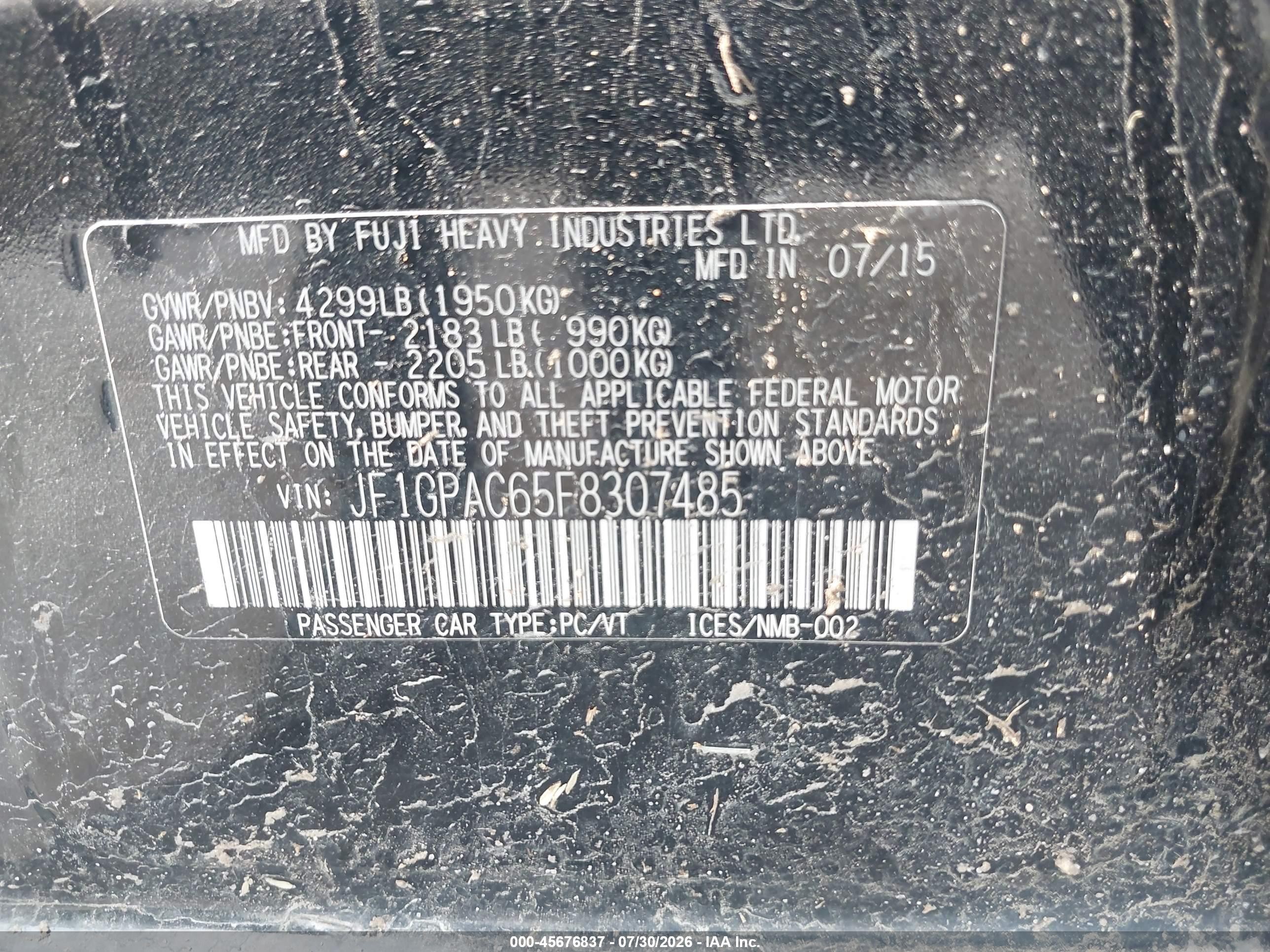 2015 Subaru Impreza 2.0i Premium Black vin: JF1GPAC65F8307485