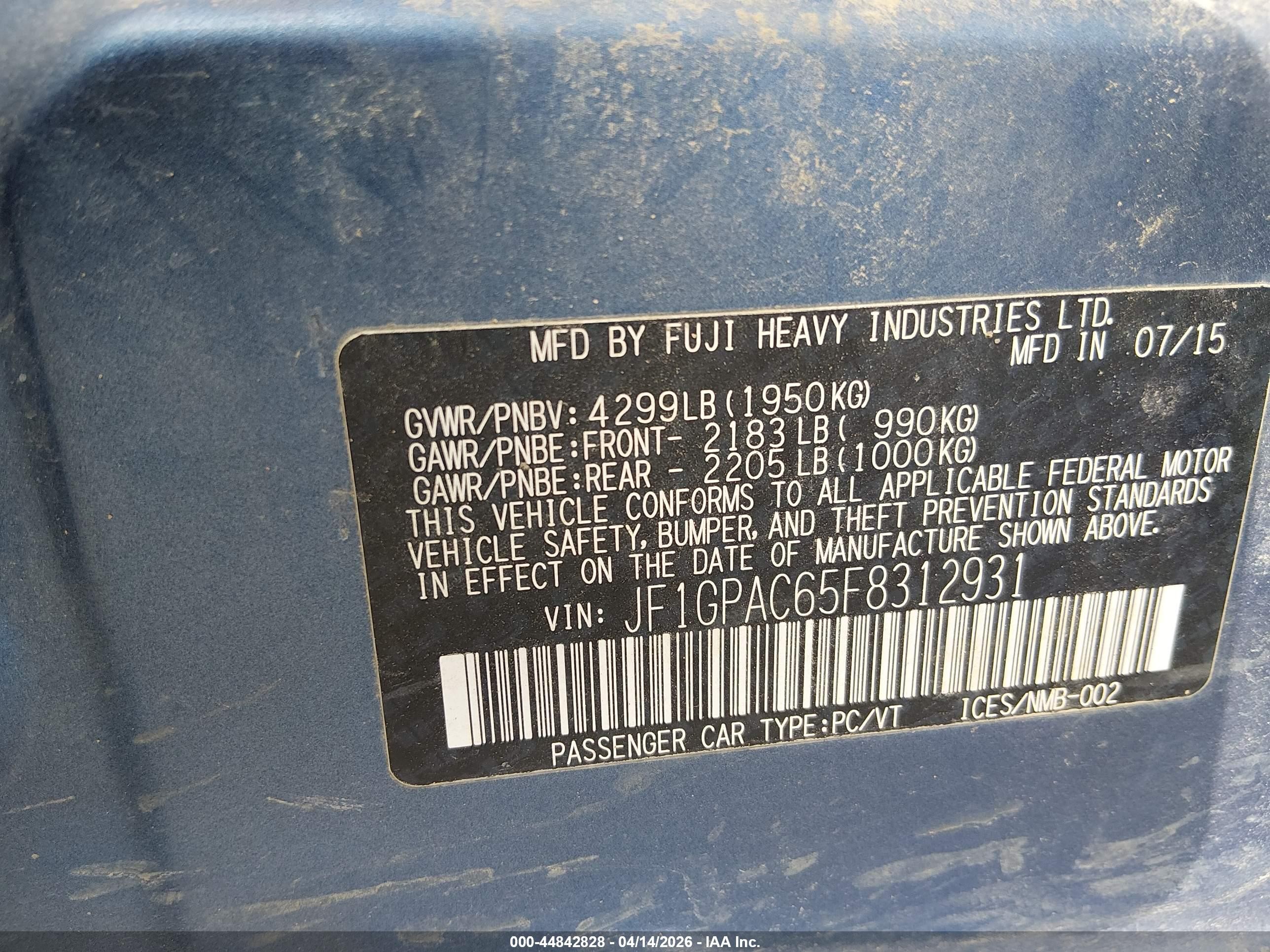 2015 Subaru Impreza 2.0i Premium Синий vin: JF1GPAC65F8312931