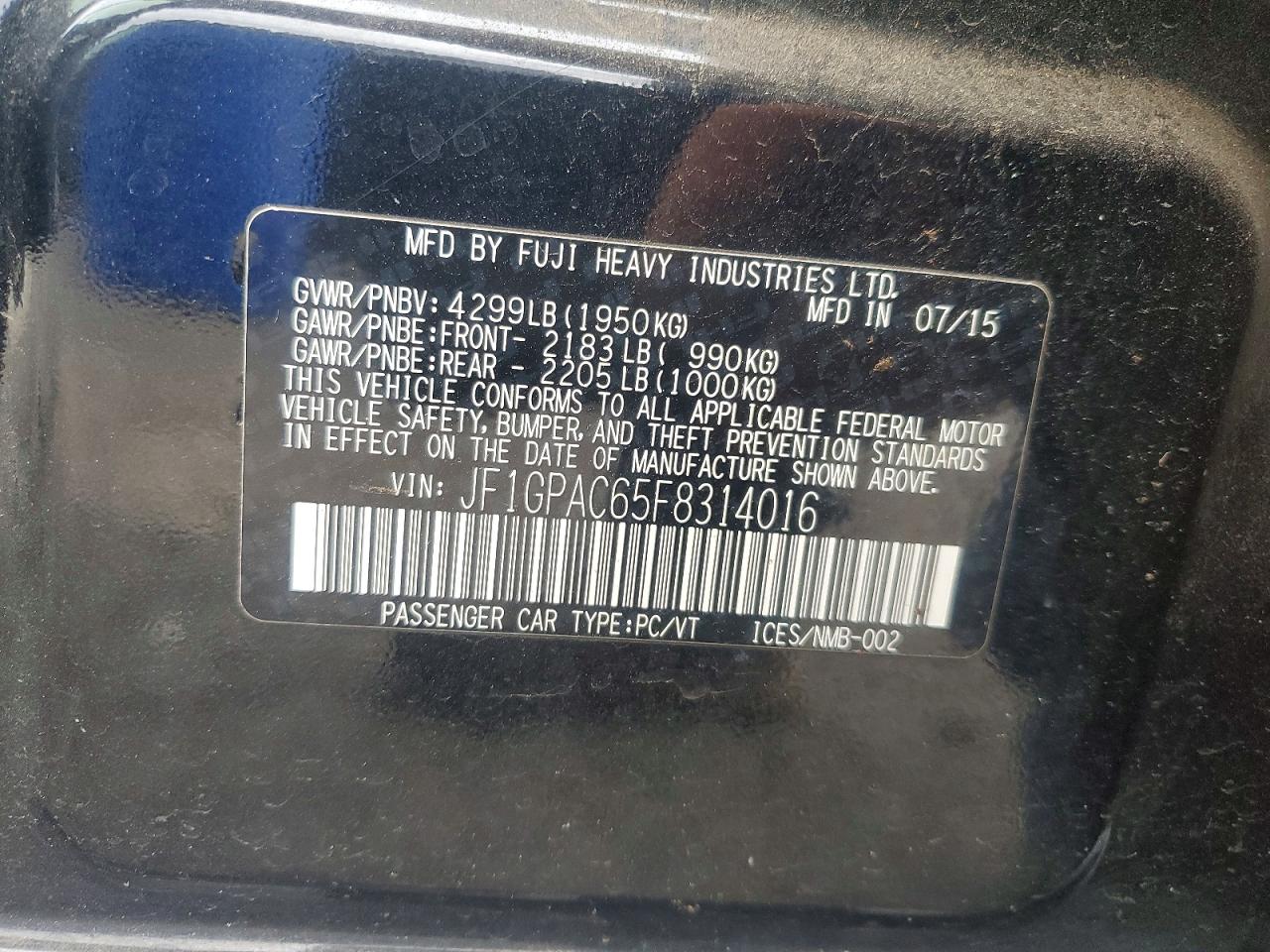 2015 Subaru Impreza Premium Black vin: JF1GPAC65F8314016
