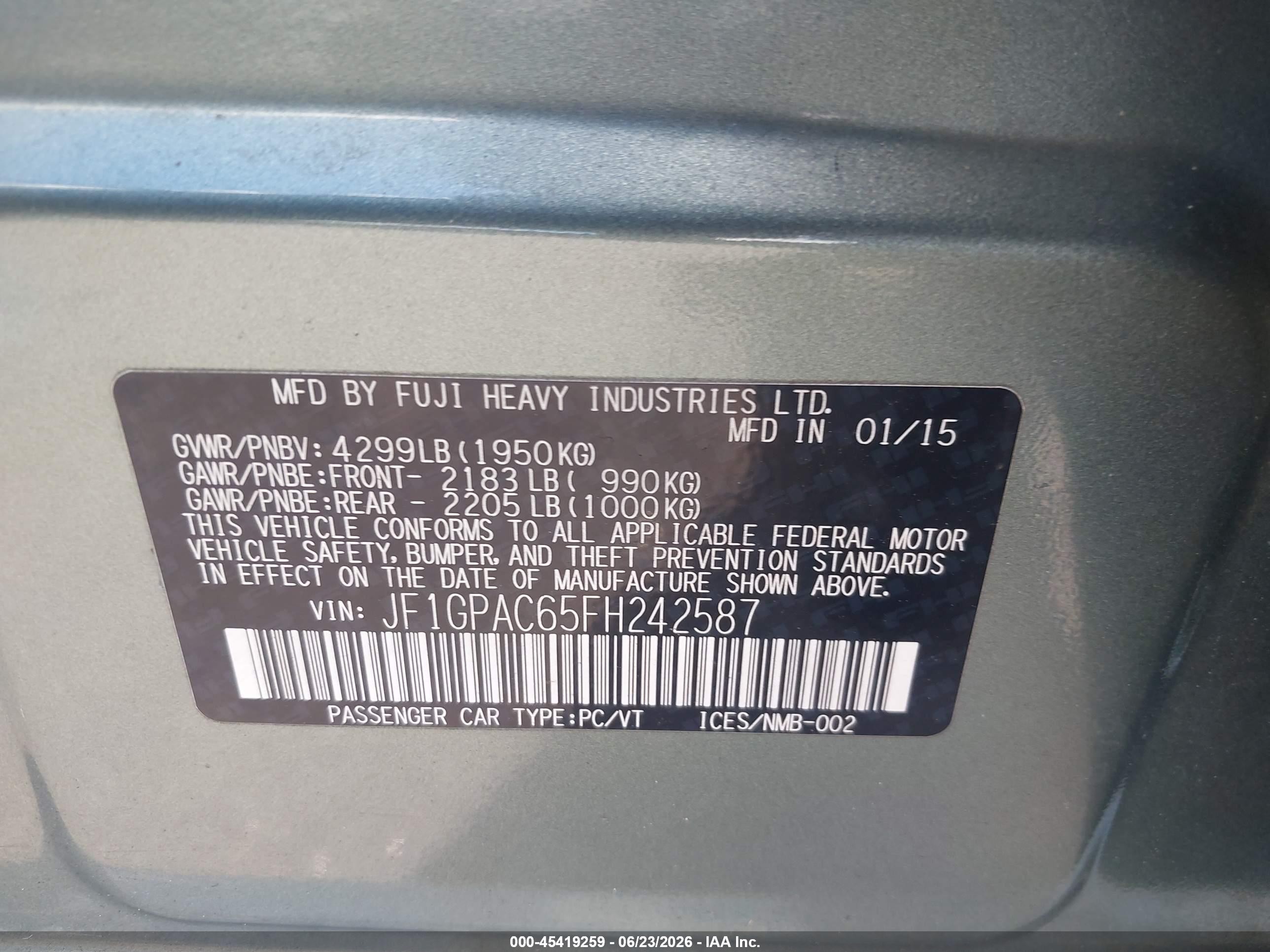 2015 Subaru Impreza 2.0i Premium Teal vin: JF1GPAC65FH242587
