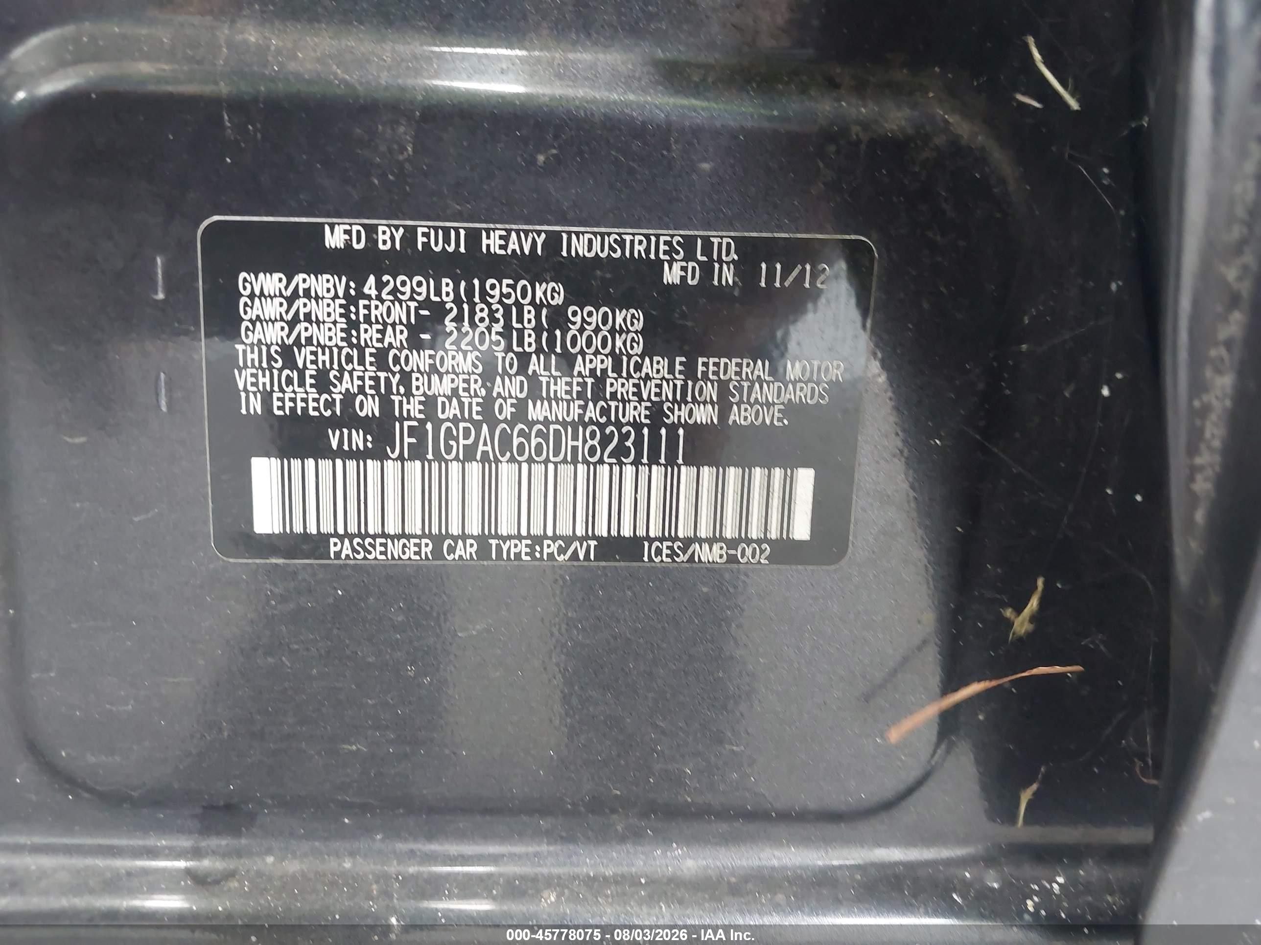 2013 Subaru Impreza 2.0i Premium Black vin: JF1GPAC66DH823111