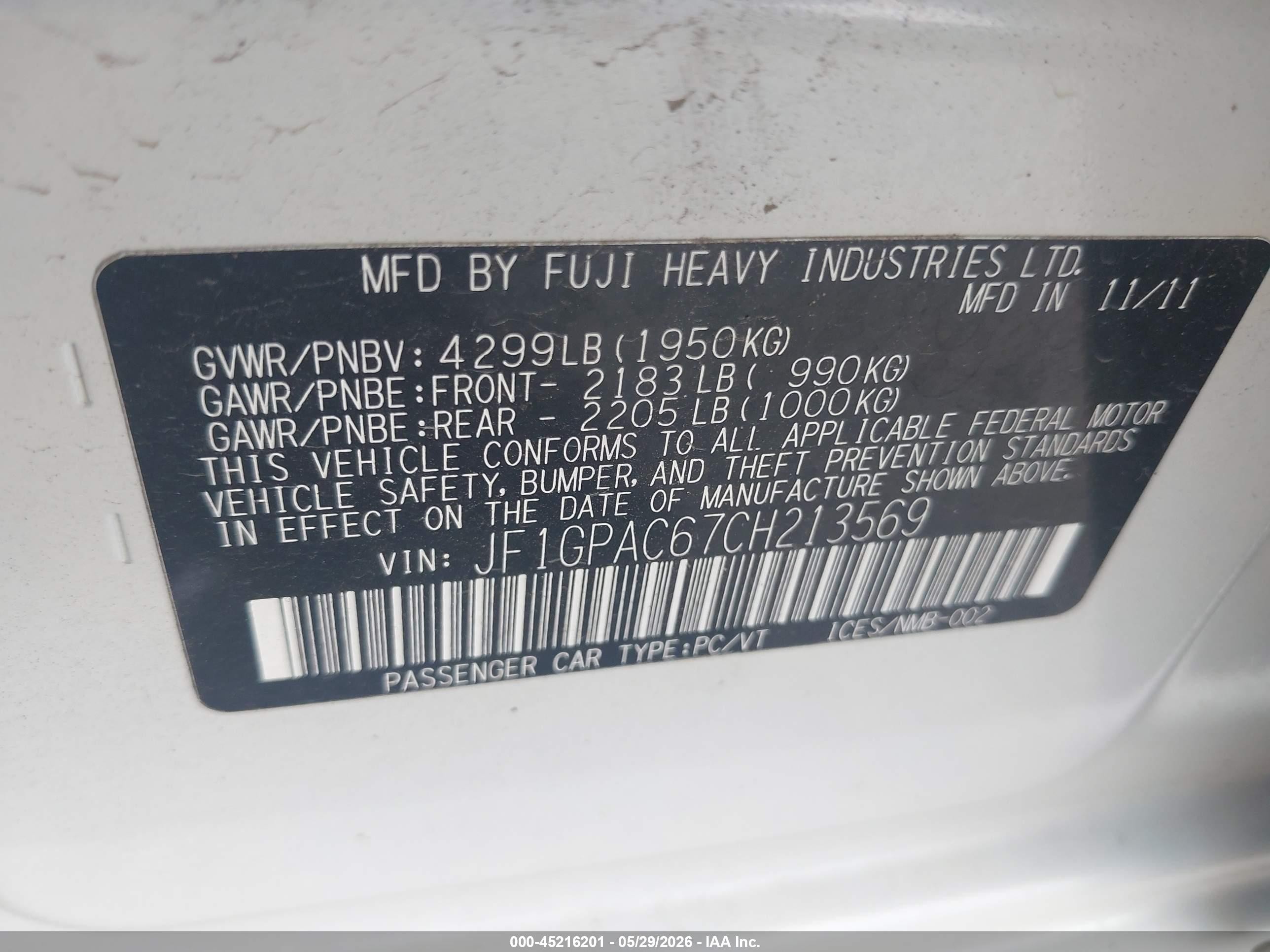 2012 Subaru Impreza 2.0i Premium White vin: JF1GPAC67CH213569