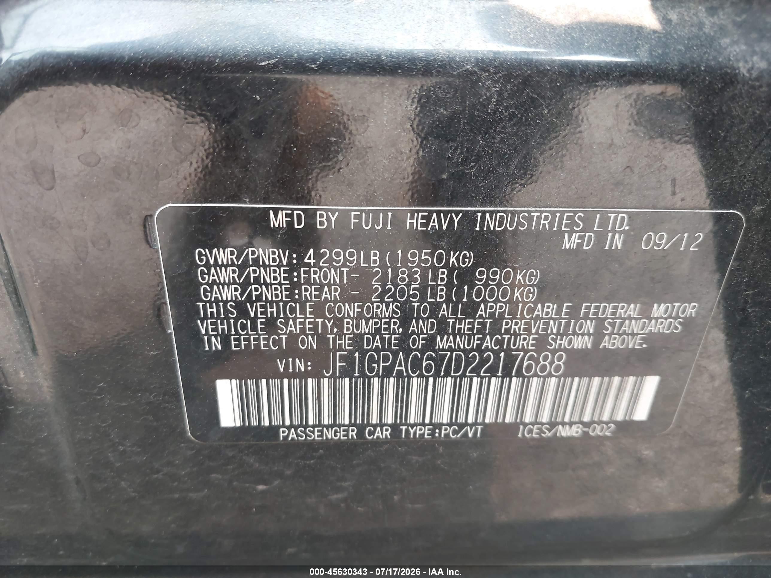 2013 Subaru Impreza 2.0i Premium Black vin: JF1GPAC67D2217688
