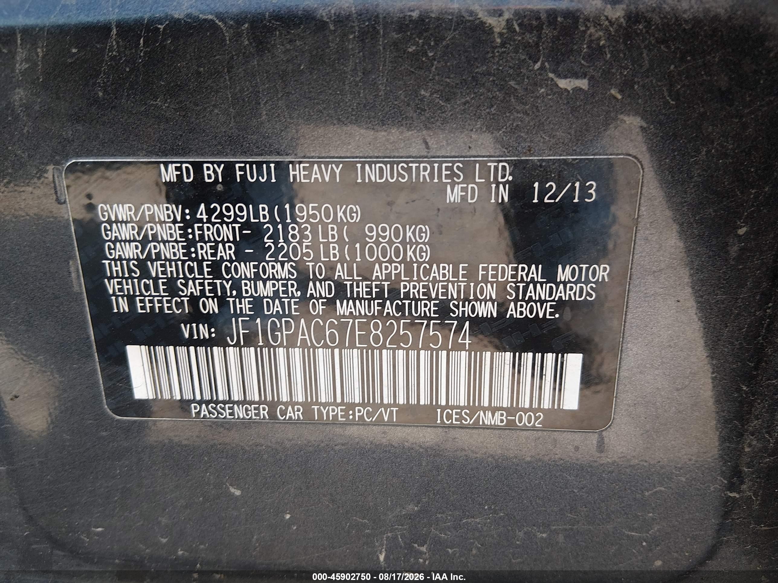 2014 Subaru Impreza 2.0i Premium Black vin: JF1GPAC67E8257574