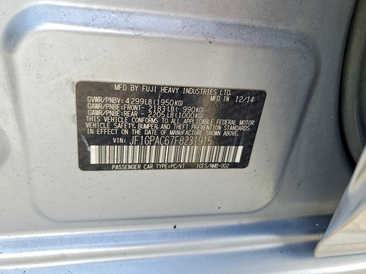 2015 Subaru Impreza Premium Silver vin: JF1GPAC67F8231915