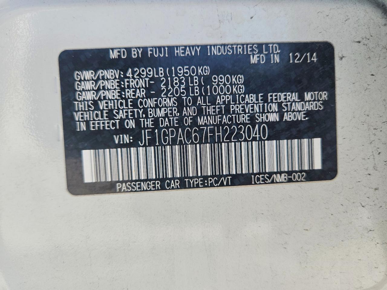 2015 Subaru Impreza Premium White vin: JF1GPAC67FH223040