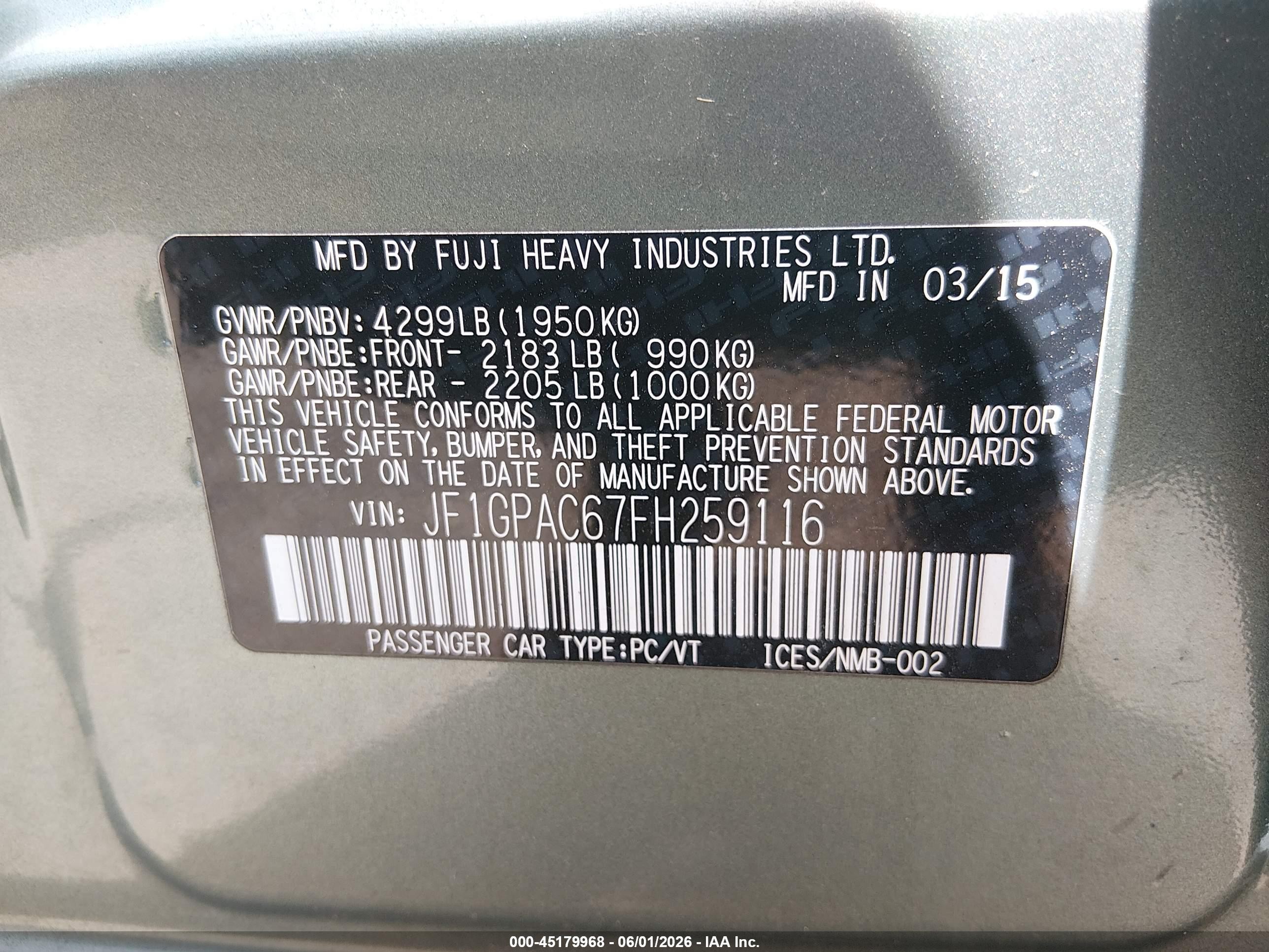 2015 Subaru Impreza 2.0i Premium Green vin: JF1GPAC67FH259116