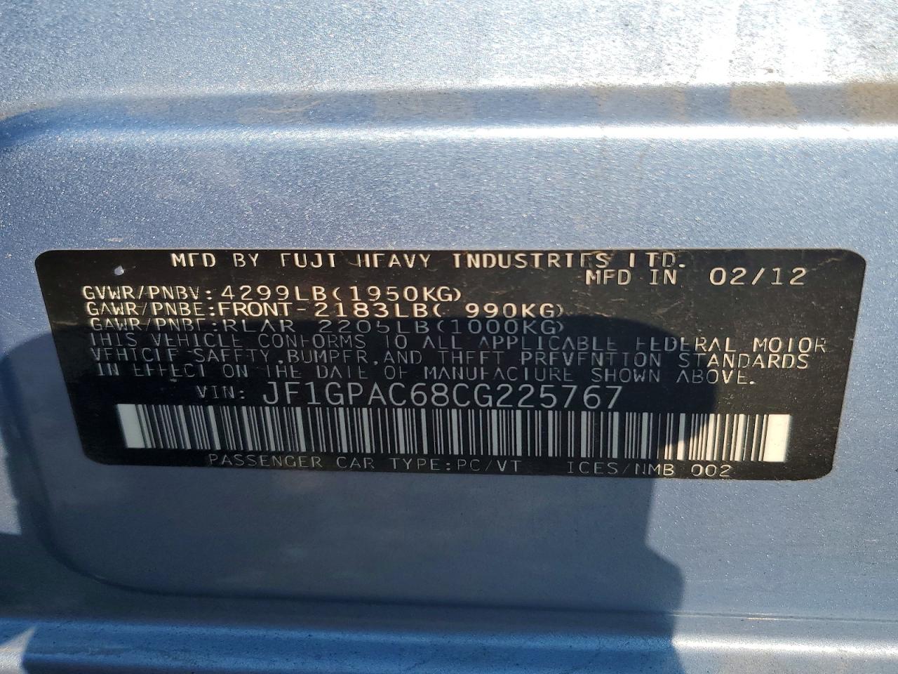 2012 Subaru Impreza Premium Blue vin: JF1GPAC68CG225767
