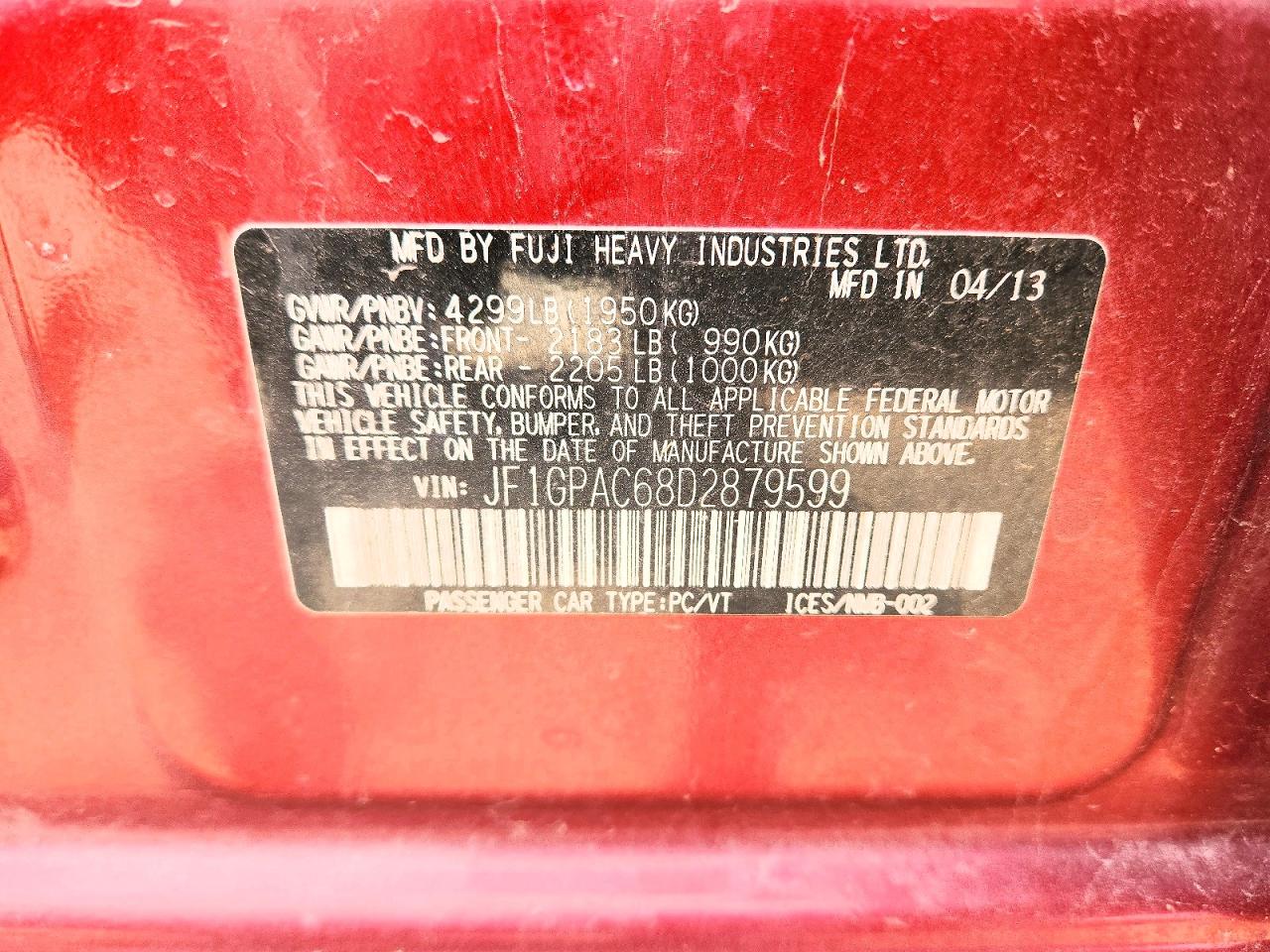 2013 Subaru Impreza Premium Red vin: JF1GPAC68D2879599