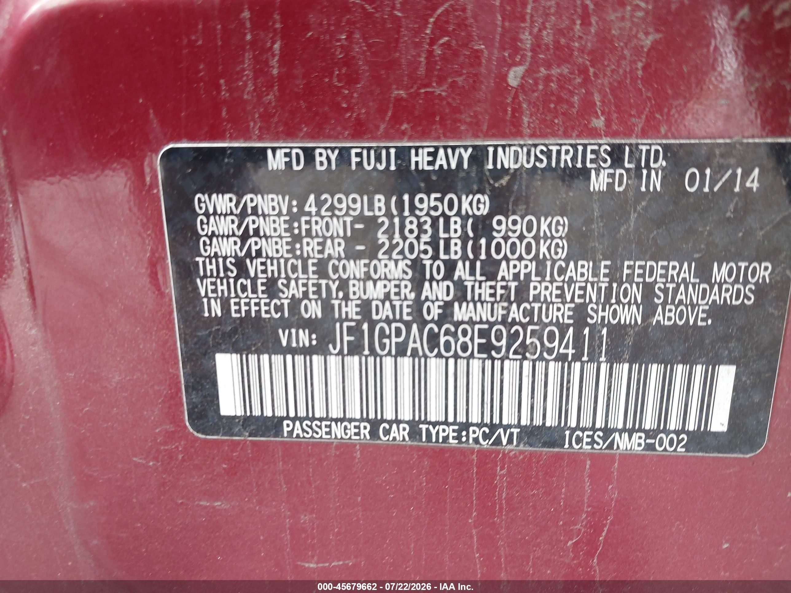 2014 Subaru Impreza 2.0i Premium Red vin: JF1GPAC68E9259411