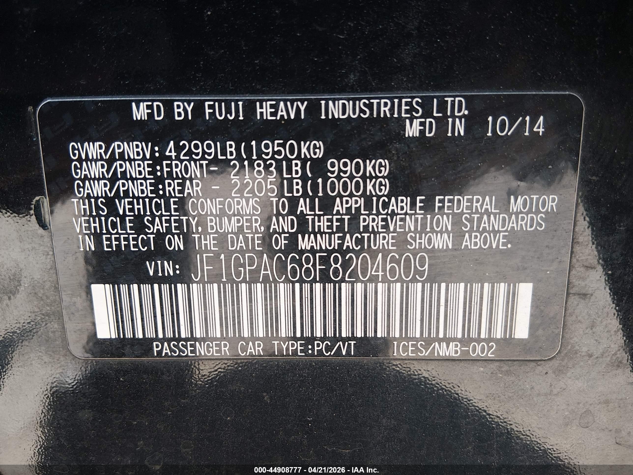 2015 Subaru Impreza 2.0i Premium Black vin: JF1GPAC68F8204609