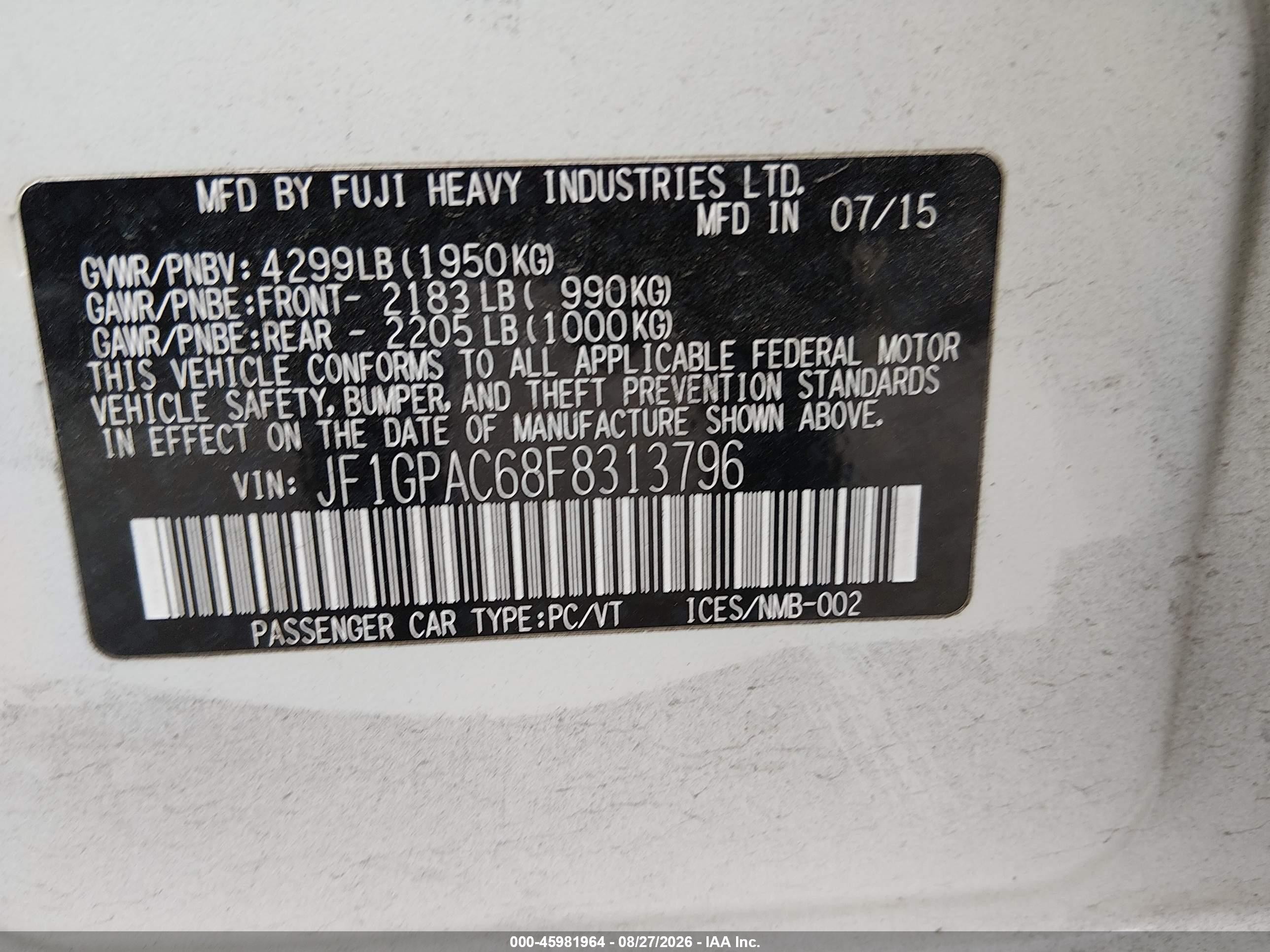 2015 Subaru Impreza 2.0i Premium Белый vin: JF1GPAC68F8313796