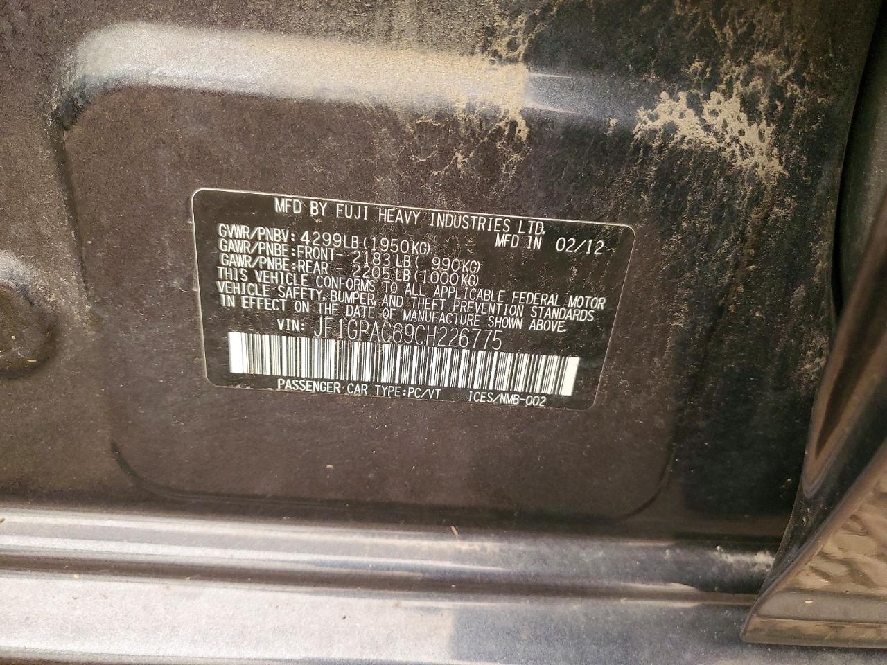 2012 Subaru Impreza Premium Charcoal vin: JF1GPAC69CH226775