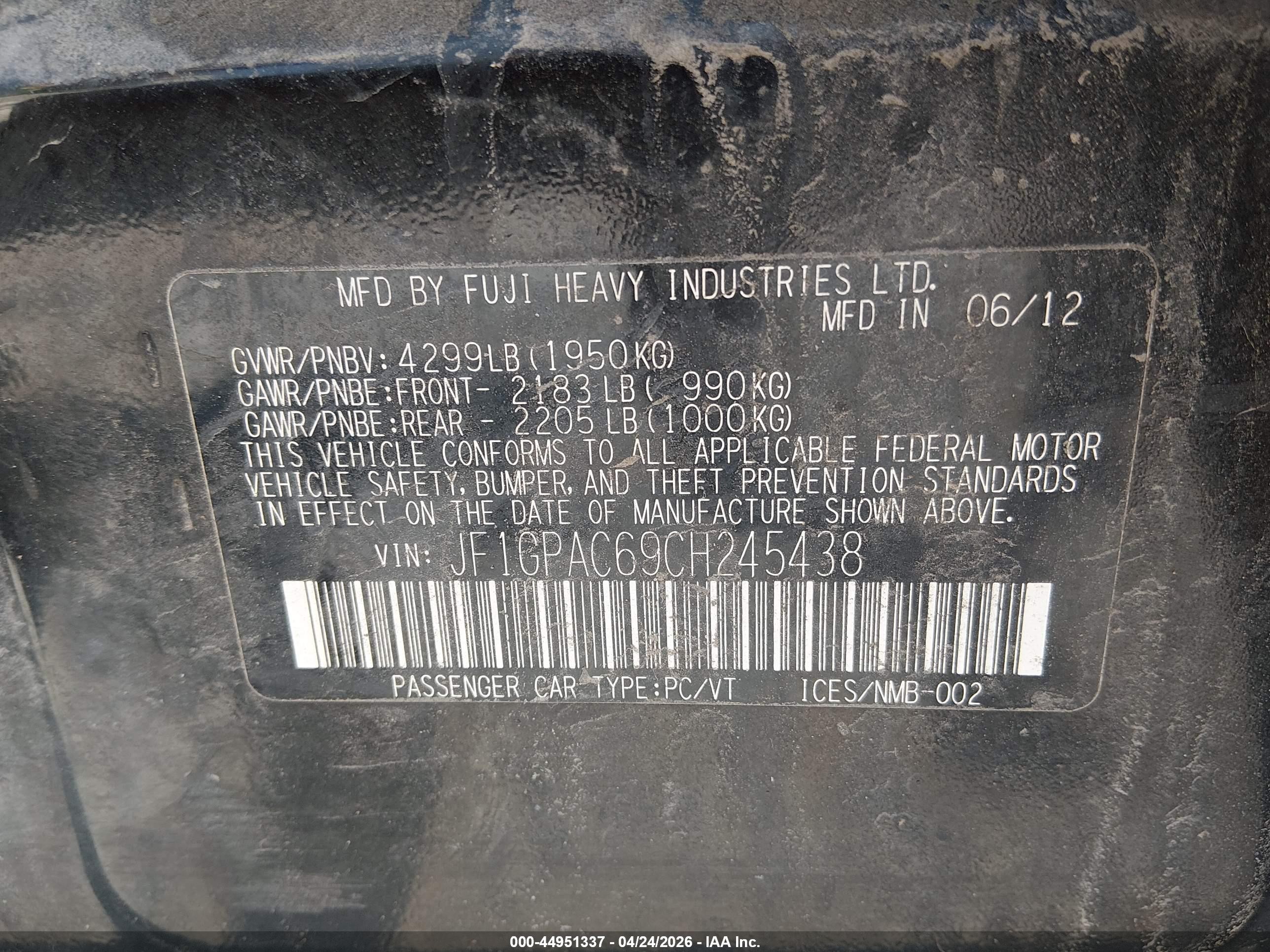 2012 Subaru Impreza 2.0i Premium Black vin: JF1GPAC69CH245438