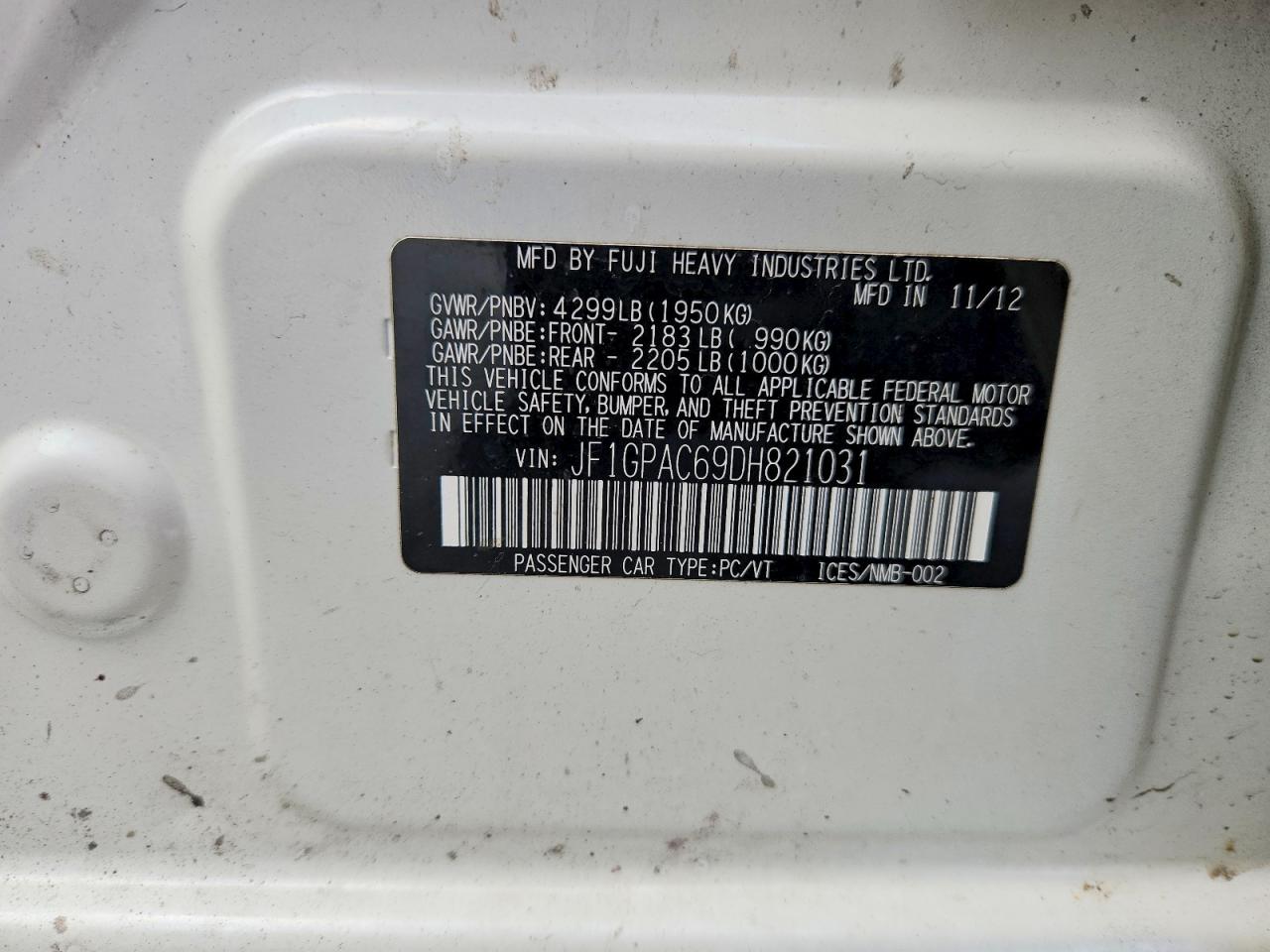 2013 Subaru Impreza Premium White vin: JF1GPAC69DH821031