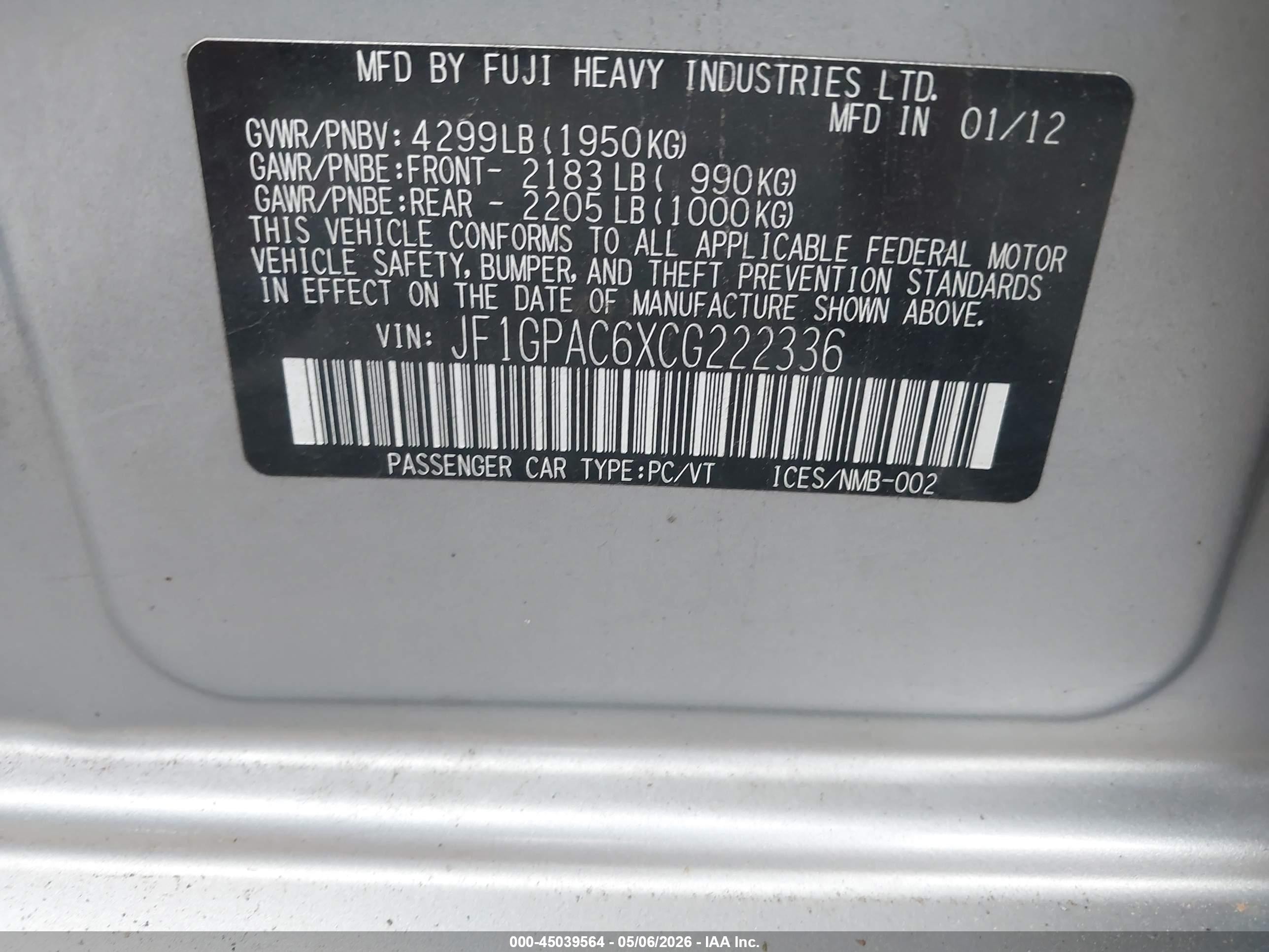 2012 Subaru Impreza 2.0i Premium Серебряный vin: JF1GPAC6XCG222336