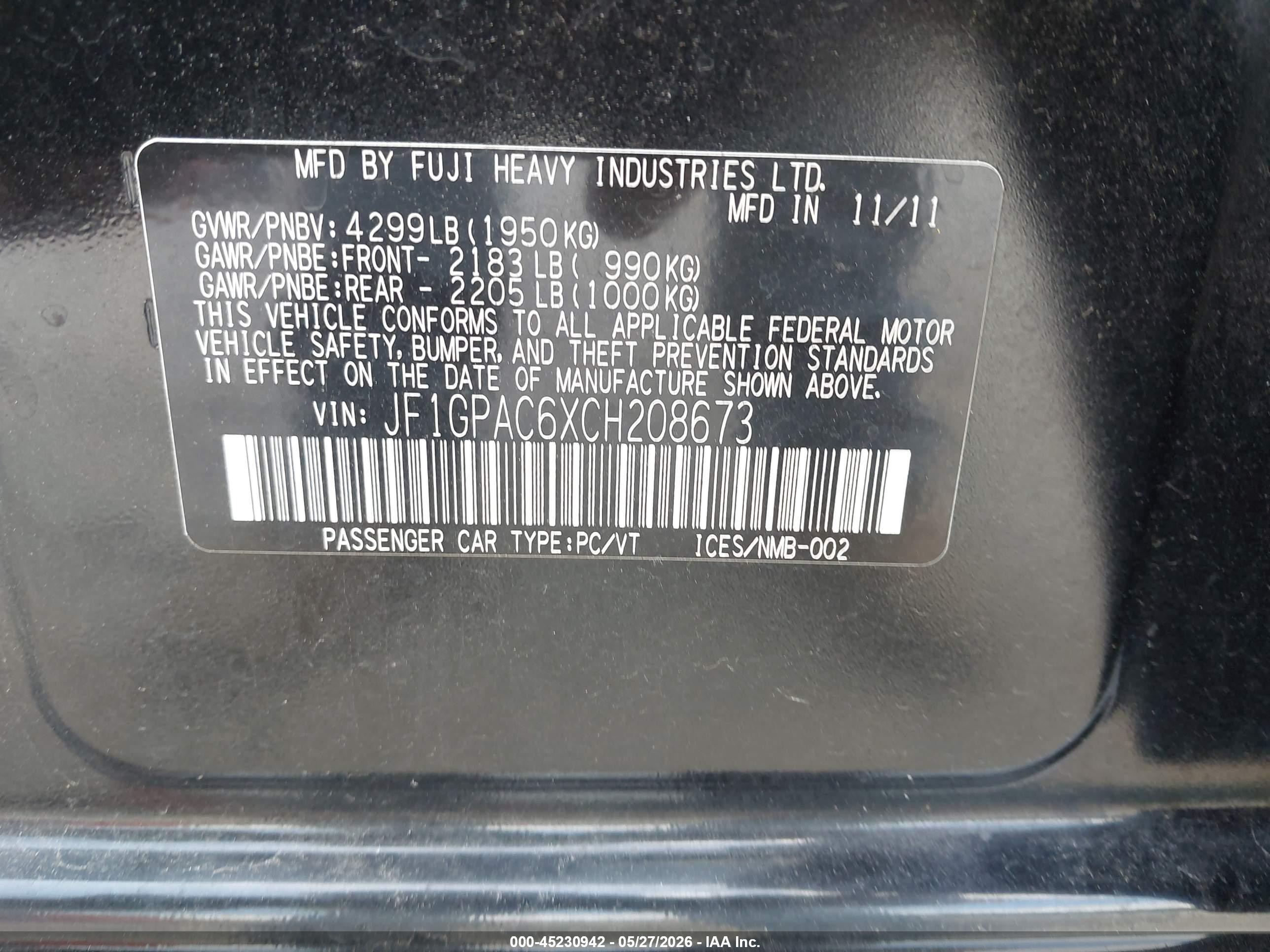 2012 Subaru Impreza 2.0i Premium Black vin: JF1GPAC6XCH208673