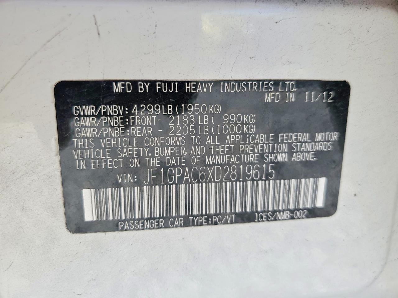 2013 Subaru Impreza Premium Белый vin: JF1GPAC6XD2819615