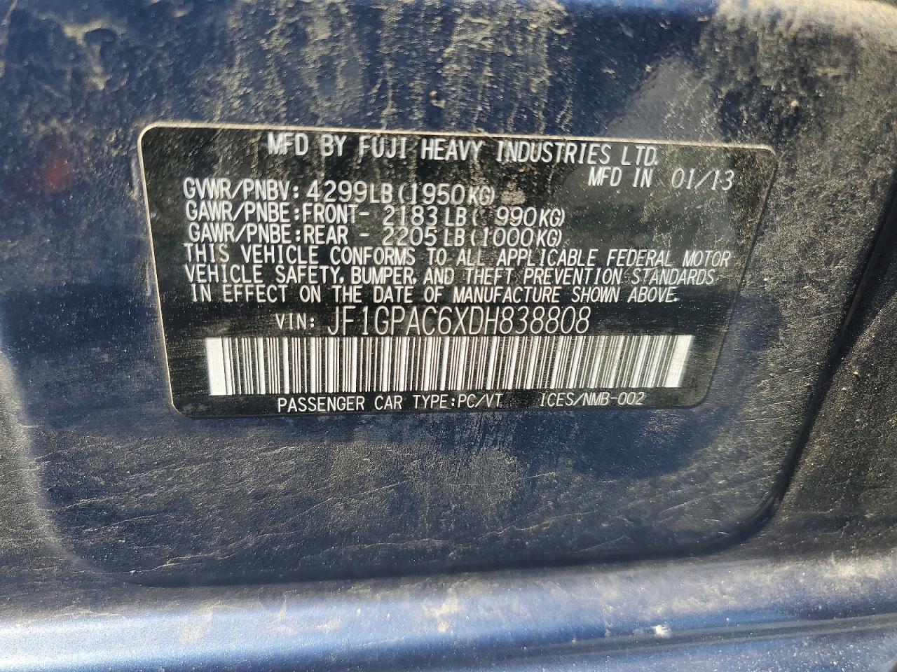 2013 Subaru Impreza Premium Blue vin: JF1GPAC6XDH838808