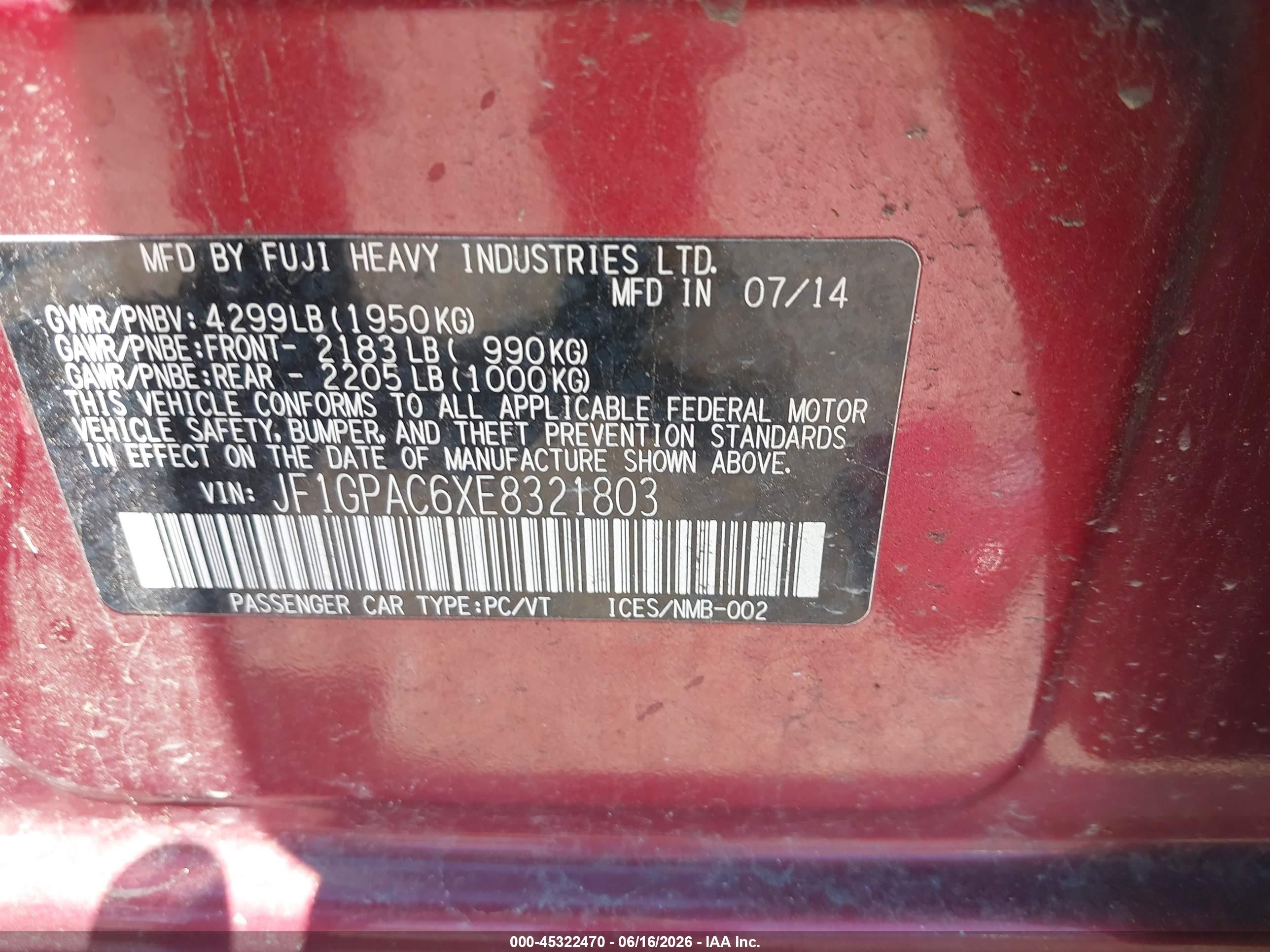 2014 Subaru Impreza 2.0i Premium Burgundy vin: JF1GPAC6XE8321803