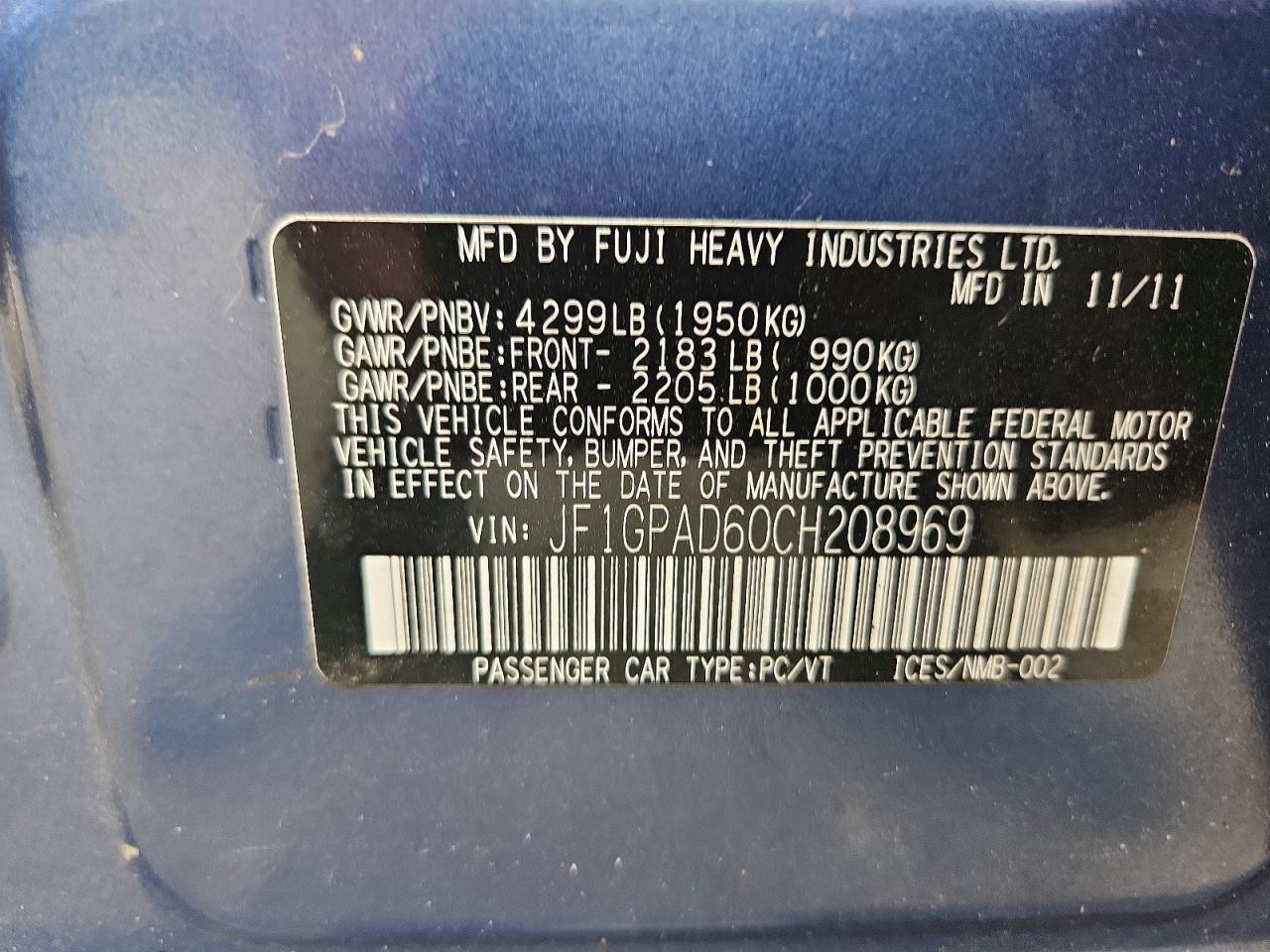 2012 Subaru Impreza Premium Blue vin: JF1GPAD60CH208969
