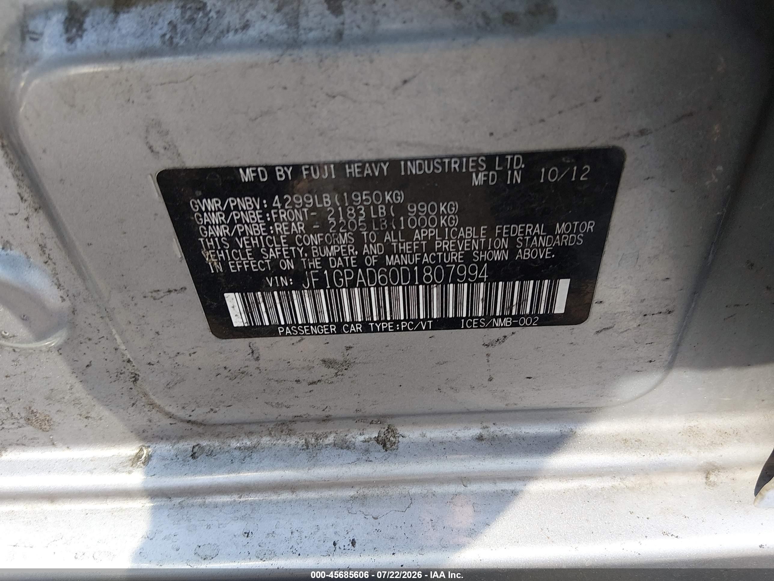 2013 Subaru Impreza 2.0i Premium Silver vin: JF1GPAD60D1807994
