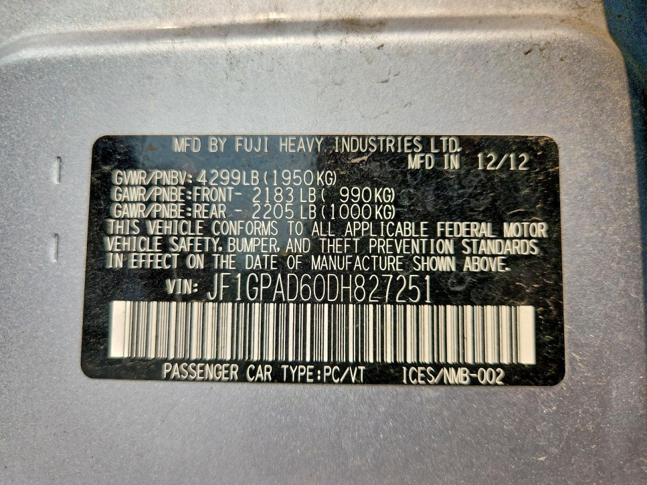 2013 Subaru Impreza Premium Silver vin: JF1GPAD60DH827251