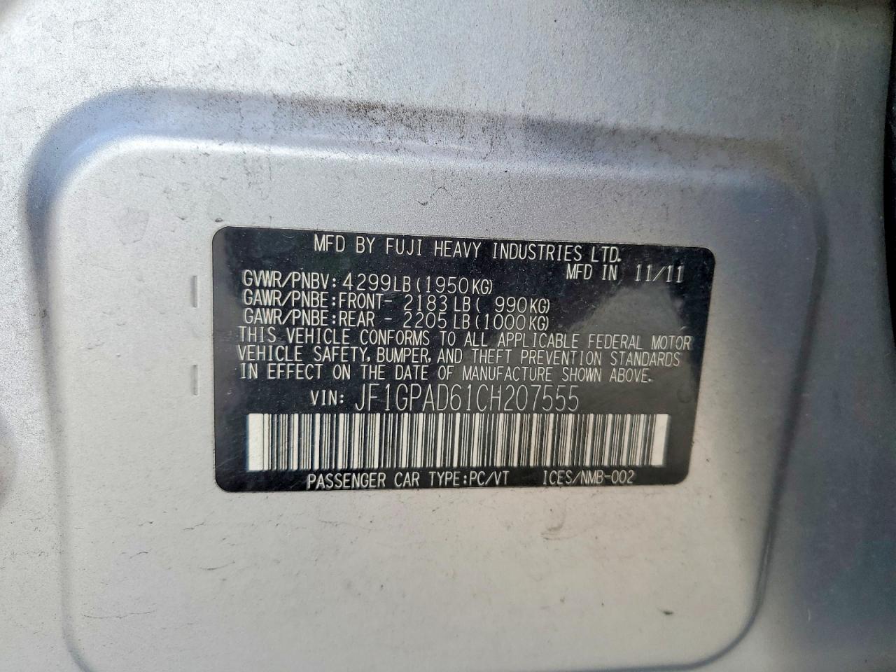 2012 Subaru Impreza Premium Silver vin: JF1GPAD61CH207555