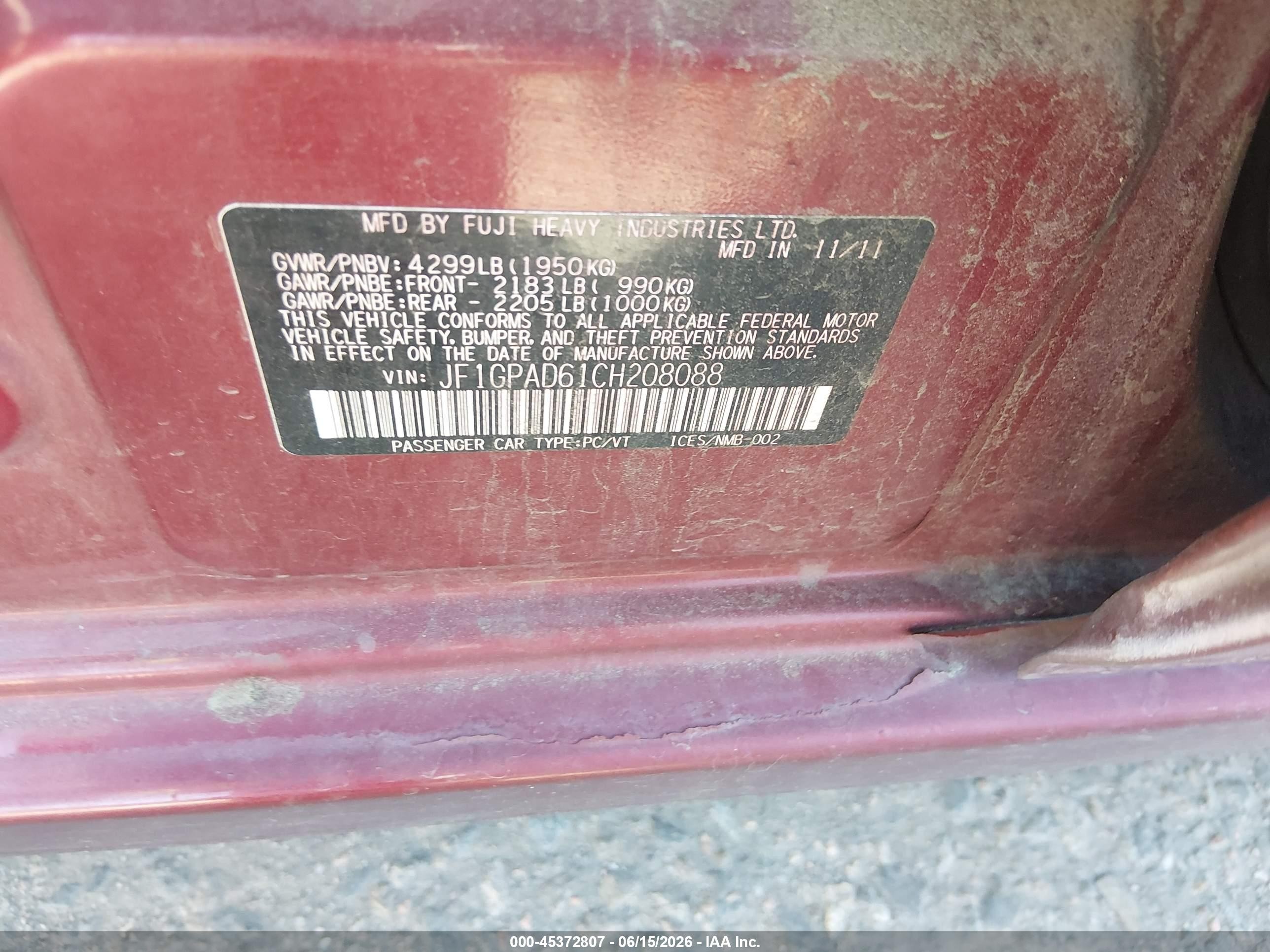 2012 Subaru Impreza 2.0i Premium Red vin: JF1GPAD61CH208088