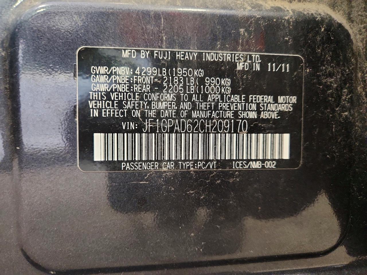 2012 Subaru Impreza Premium Black vin: JF1GPAD62CH209170