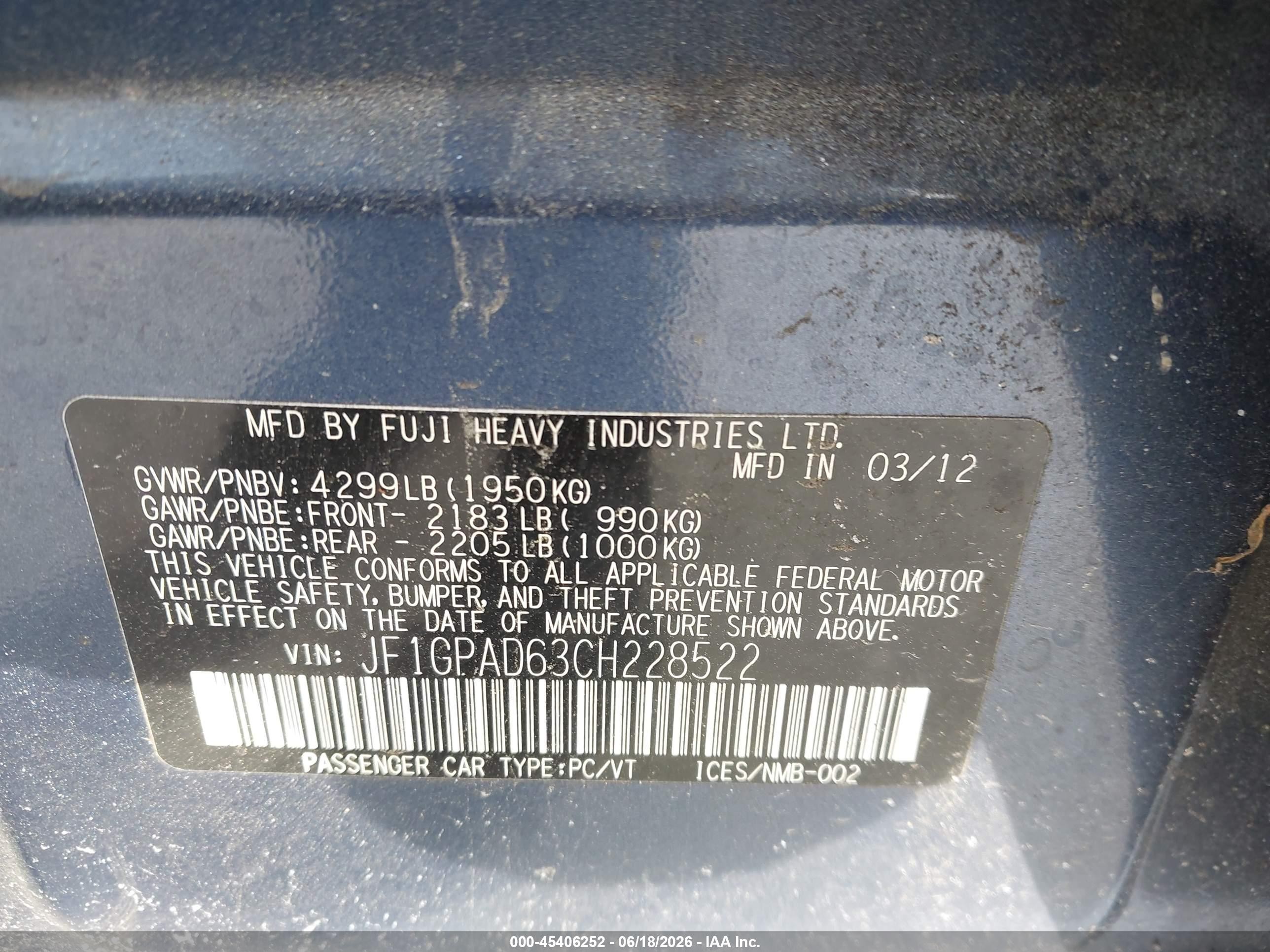 2012 Subaru Impreza 2.0i Premium Blue vin: JF1GPAD63CH228522