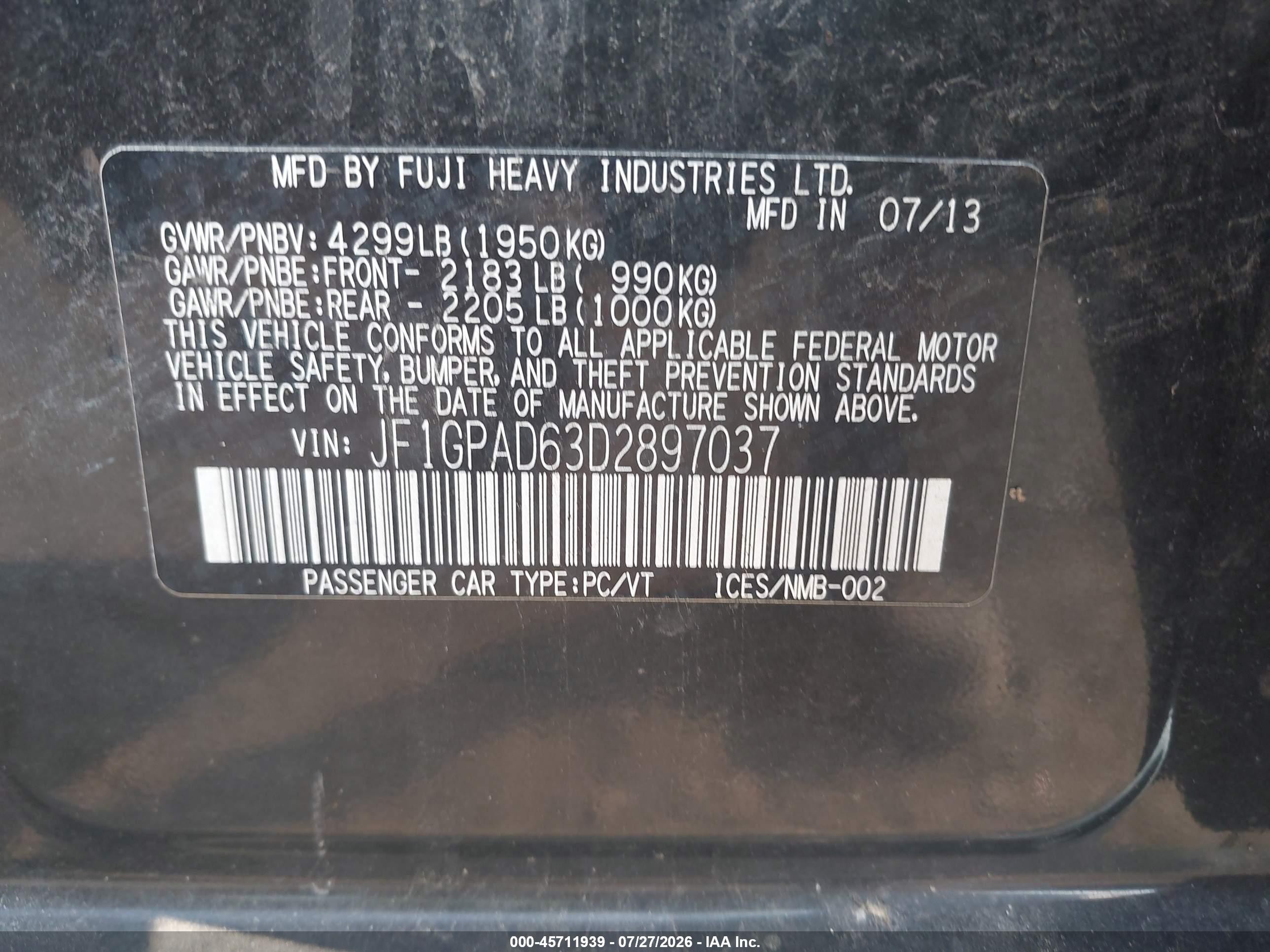 2013 Subaru Impreza 2.0i Premium Black vin: JF1GPAD63D2897037
